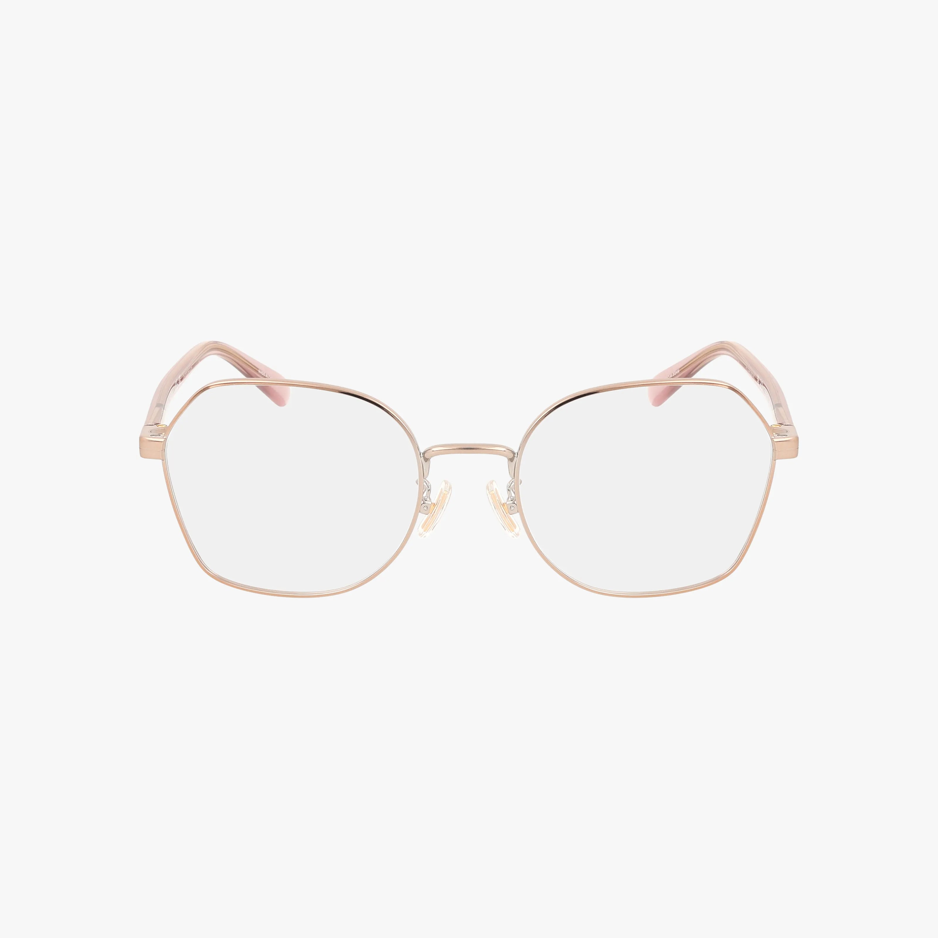 The HC5155 eyeglasses feature gold metal geometric frames, clear lenses, and light pink arms, displayed on a white background.