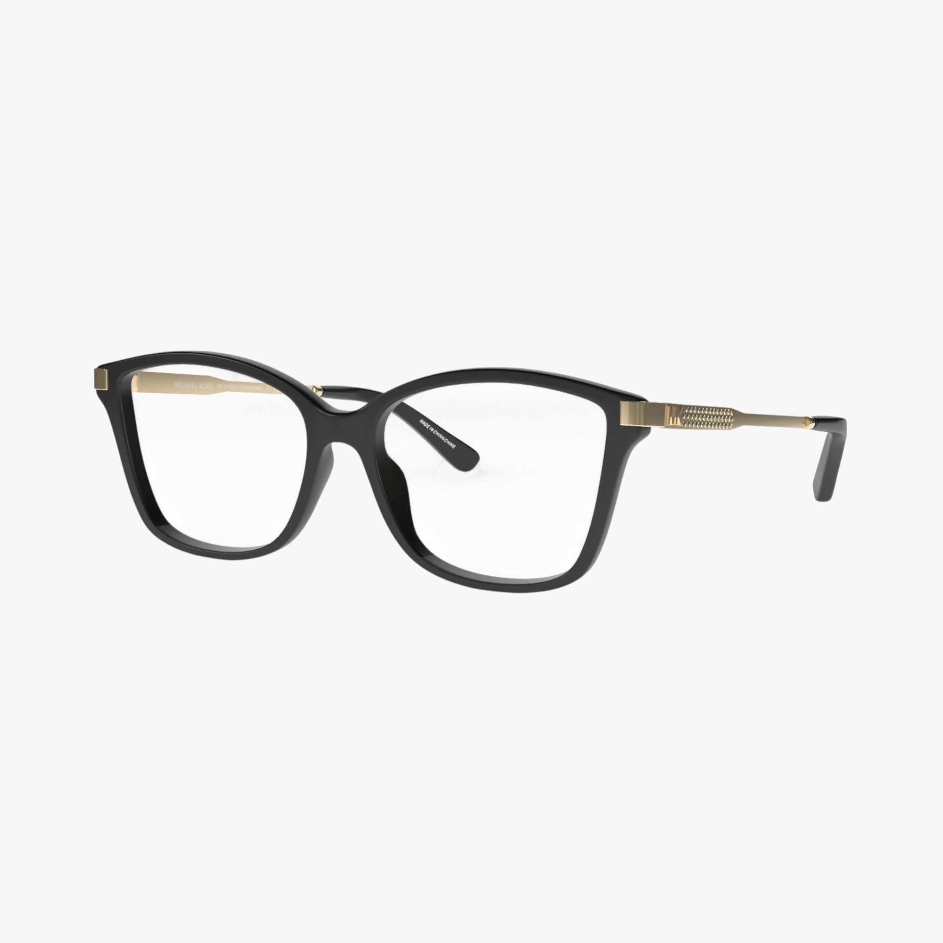 The MK4105BU eyewear features a black rectangular frame by Michael Kors, clear lenses, gold hinge detailing, and slim arms, displayed on a white background.