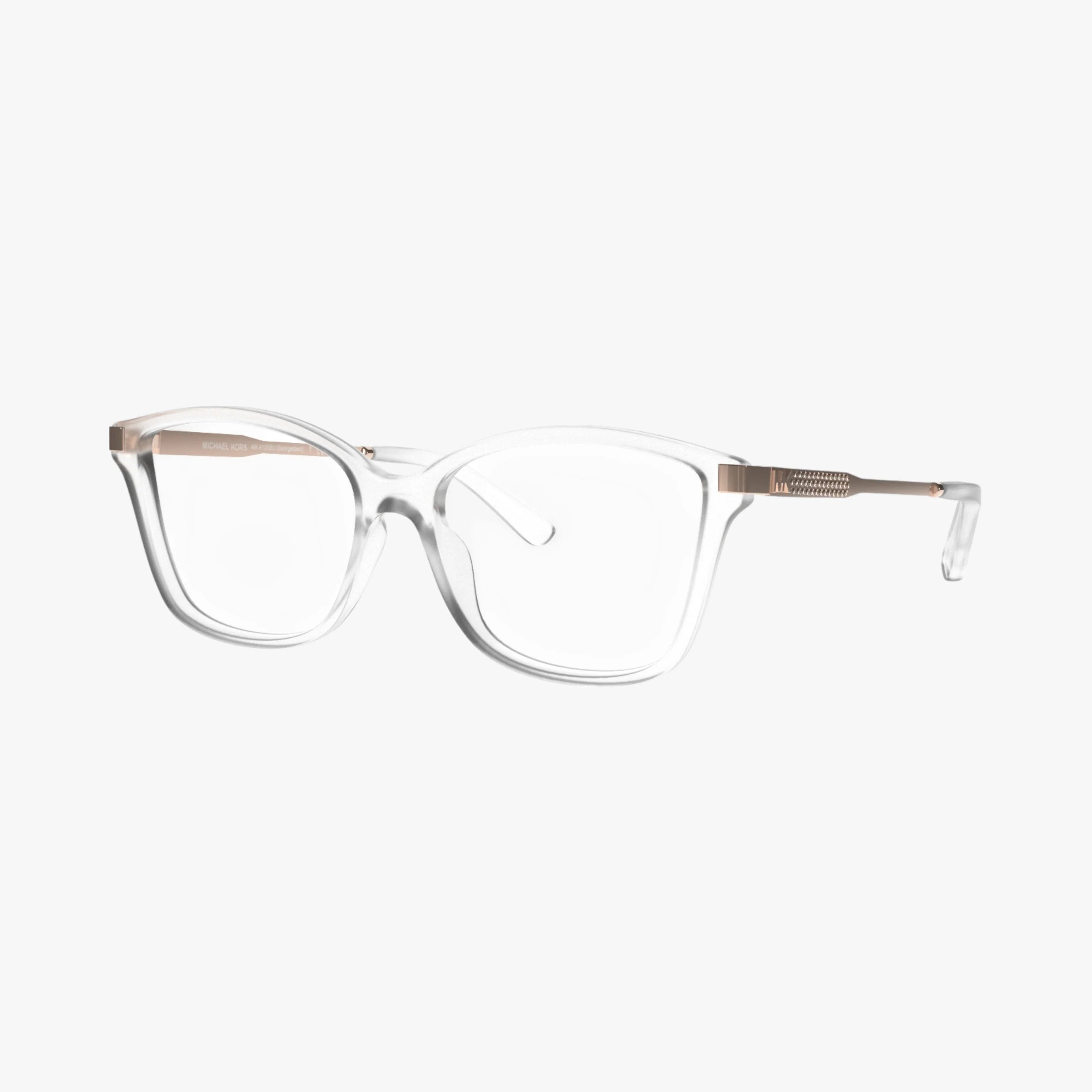 The MK4105BU features clear rectangular eyeglasses with transparent frames and slim metallic gold arms, showcasing Michael Kors signature eyewear design on a plain white background.