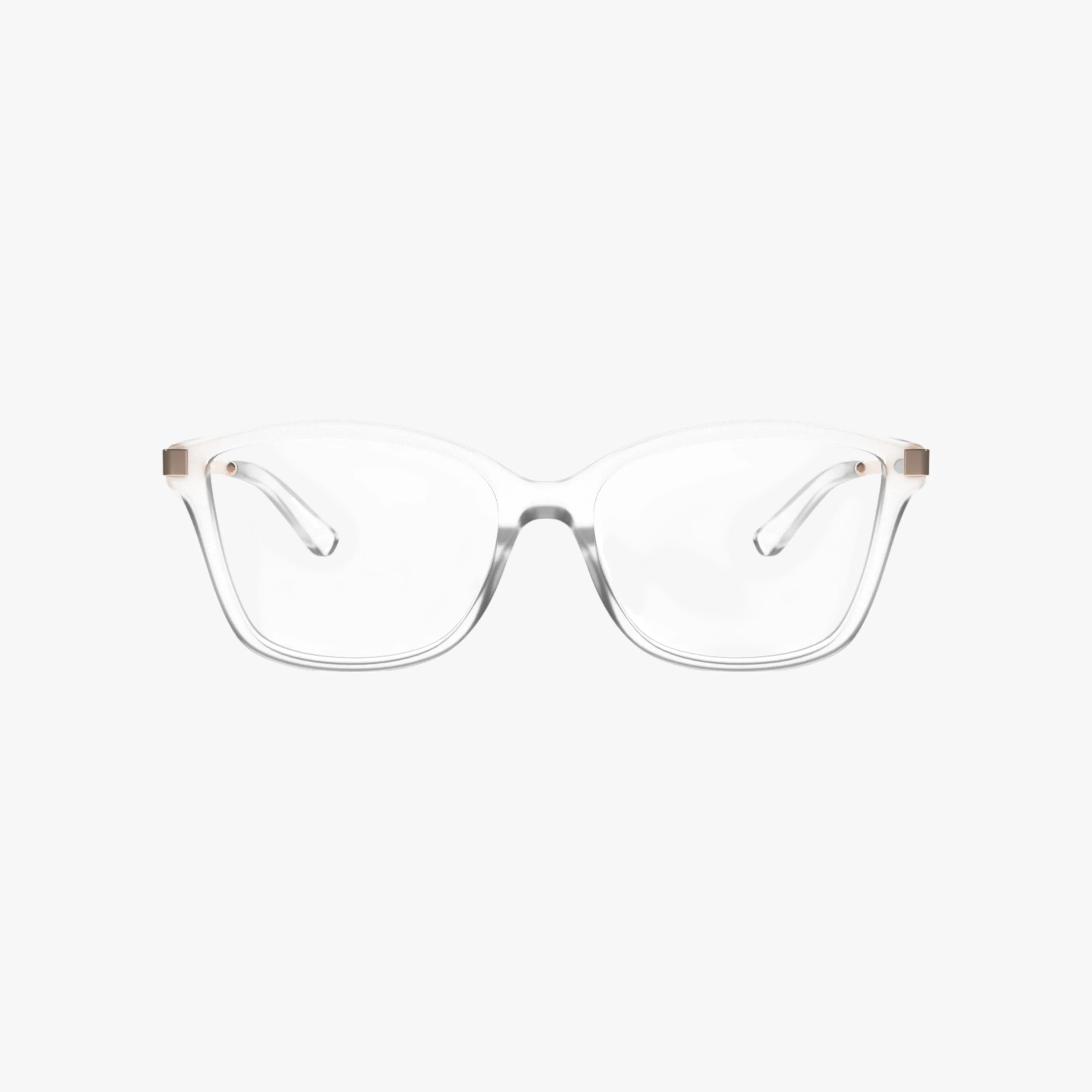 MK4105BU clear, transparent eyeglasses with rectangular lenses and slightly curved edges, featuring Transitions lenses, displayed facing forward against a plain white background.