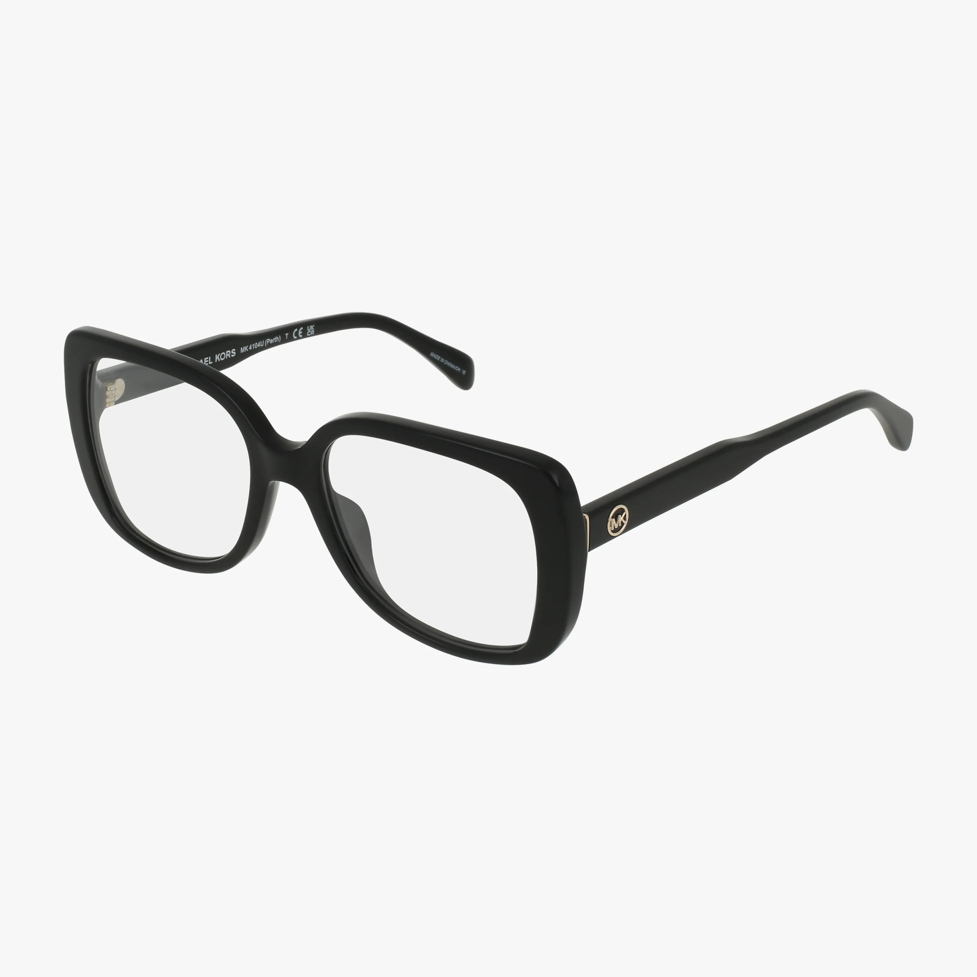 The MK4104U features black, thick frames with rectangular, slightly rounded lenses and gold accents on the temples. Displayed on a white background. Prescription lens options available.