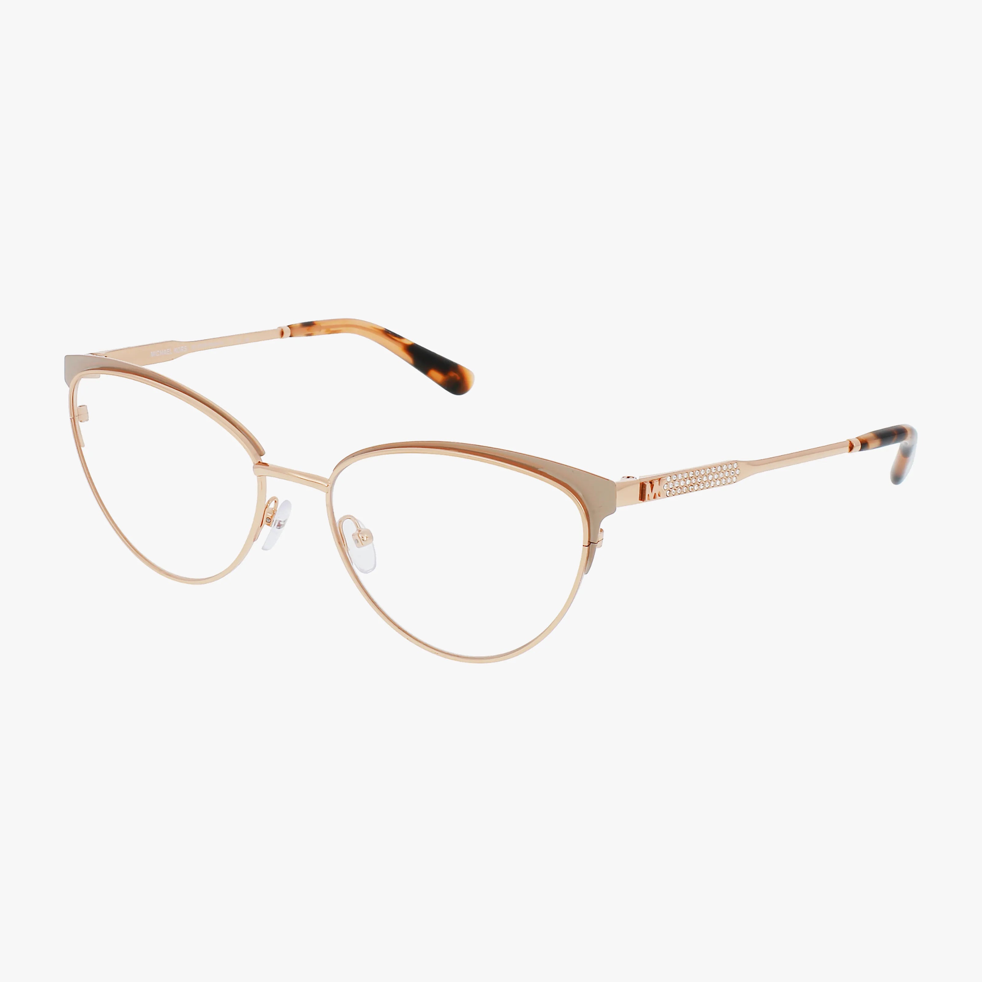 The MK3064B eyeglasses feature gold cat-eye metal frames, clear nose pads, and tortoiseshell-patterned tips—showcasing Michael Kors’ signature elegance against a white background.