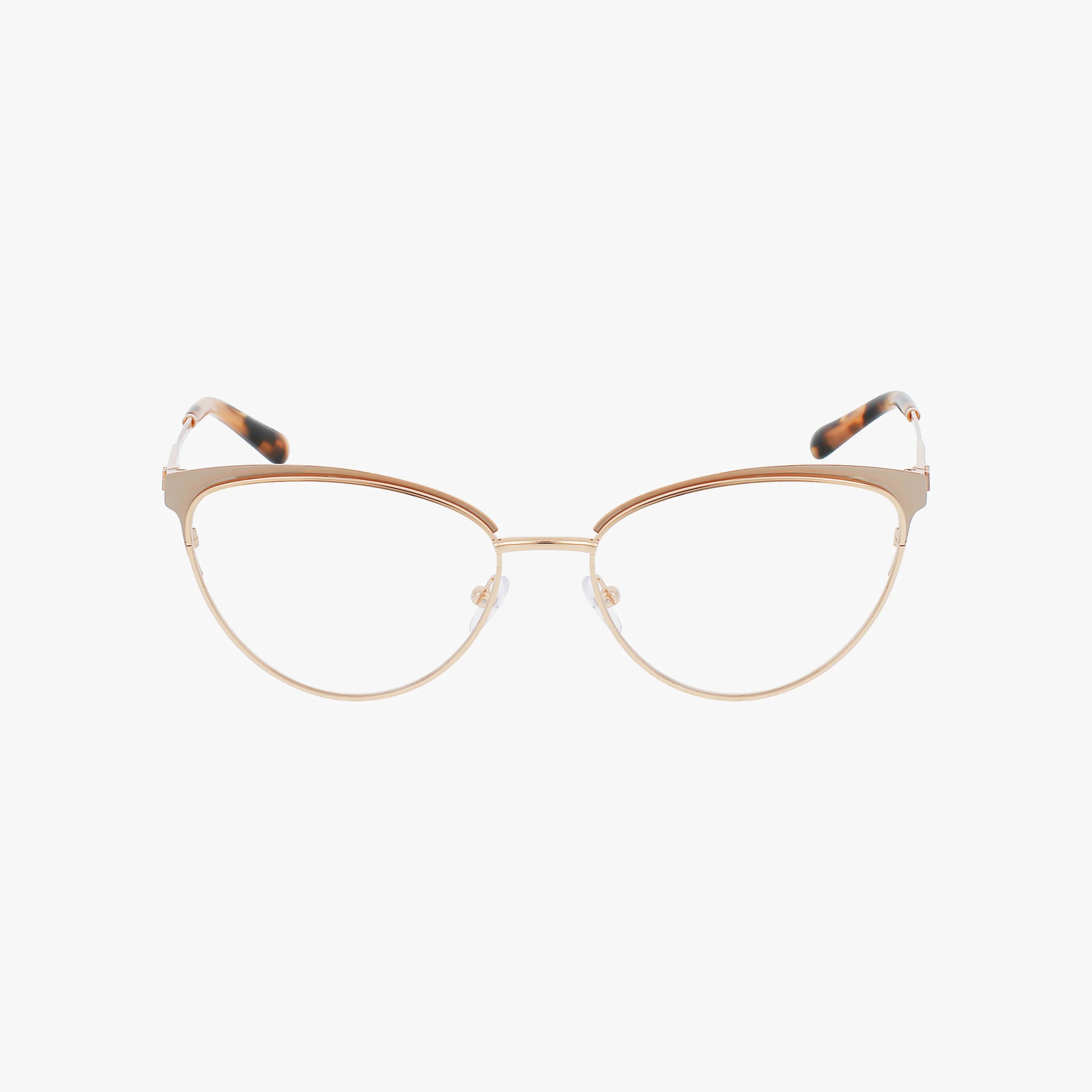 The MK3064B eyeglasses feature a thin rose gold cat-eye metal frame, clear lenses, and tortoiseshell temple tips for added elegance. Displayed on a white background, these stylish glasses are inspired by Michael Kors sophistication.