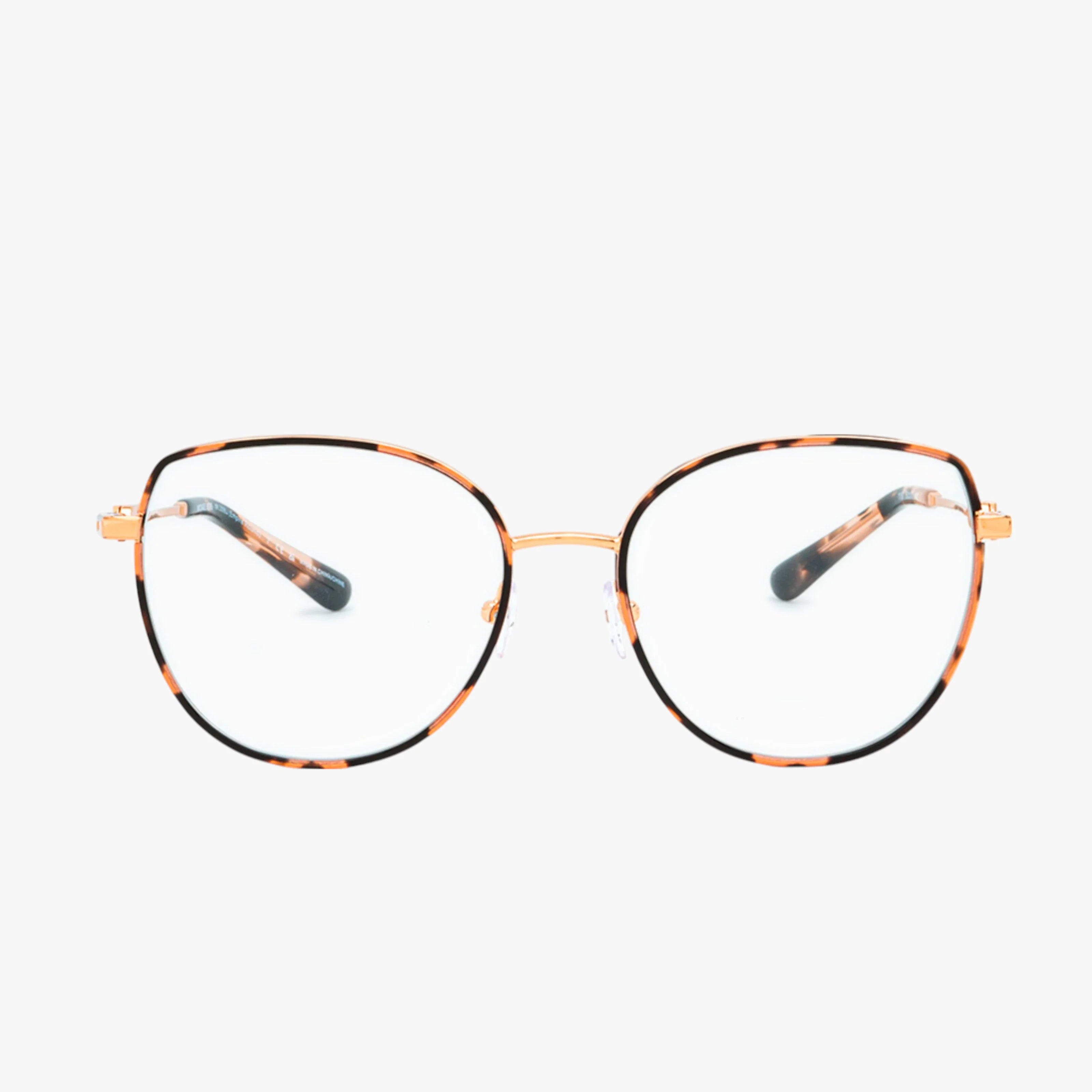 The MK3066J eyeglasses feature a round, tortoiseshell polished frame with thin metal sides and clear lenses, displayed on a white background.