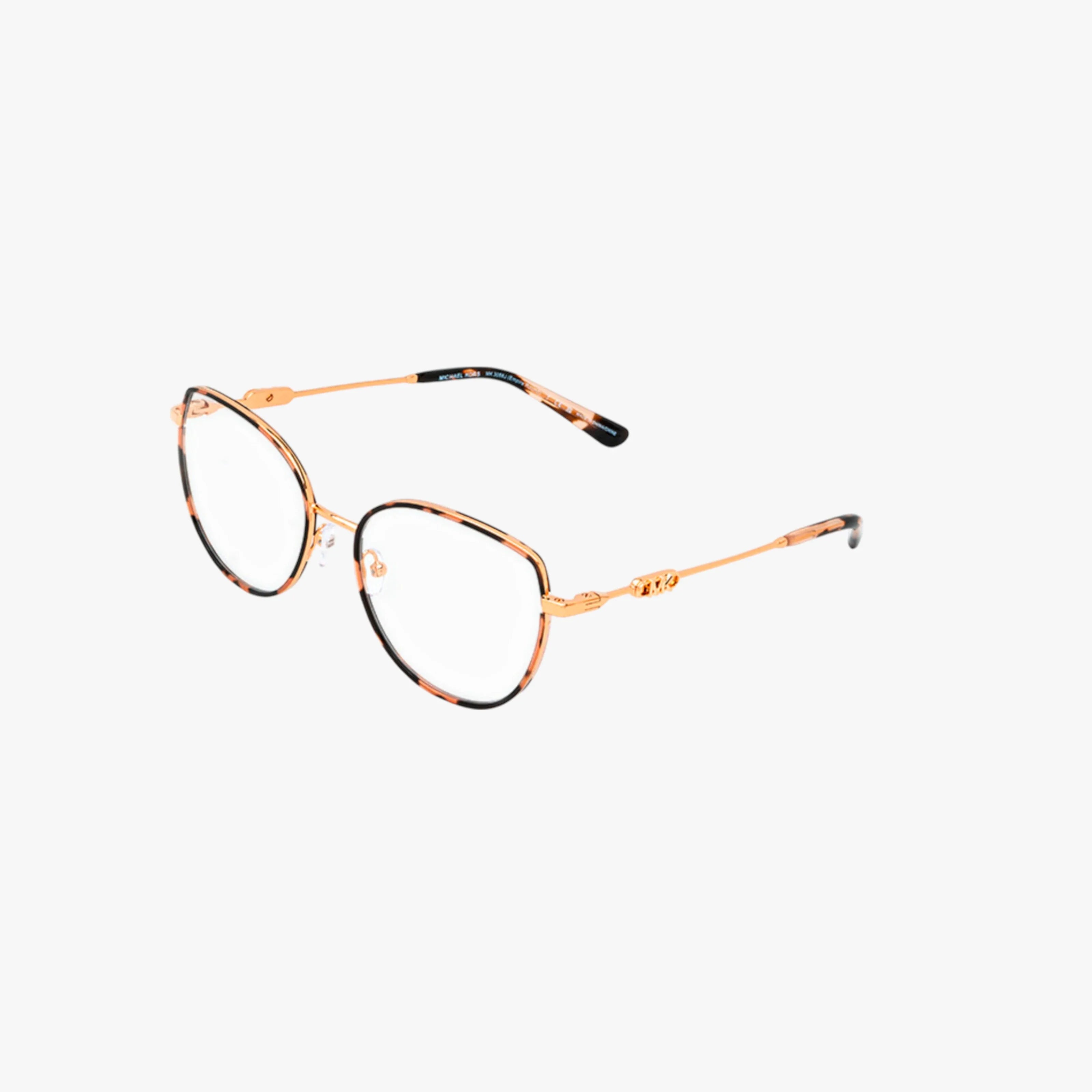The MK3066J eyeglasses feature a polished frame with thin gold metal and tortoiseshell-patterned round rims and temple tips, offering stylish durability against a white background.