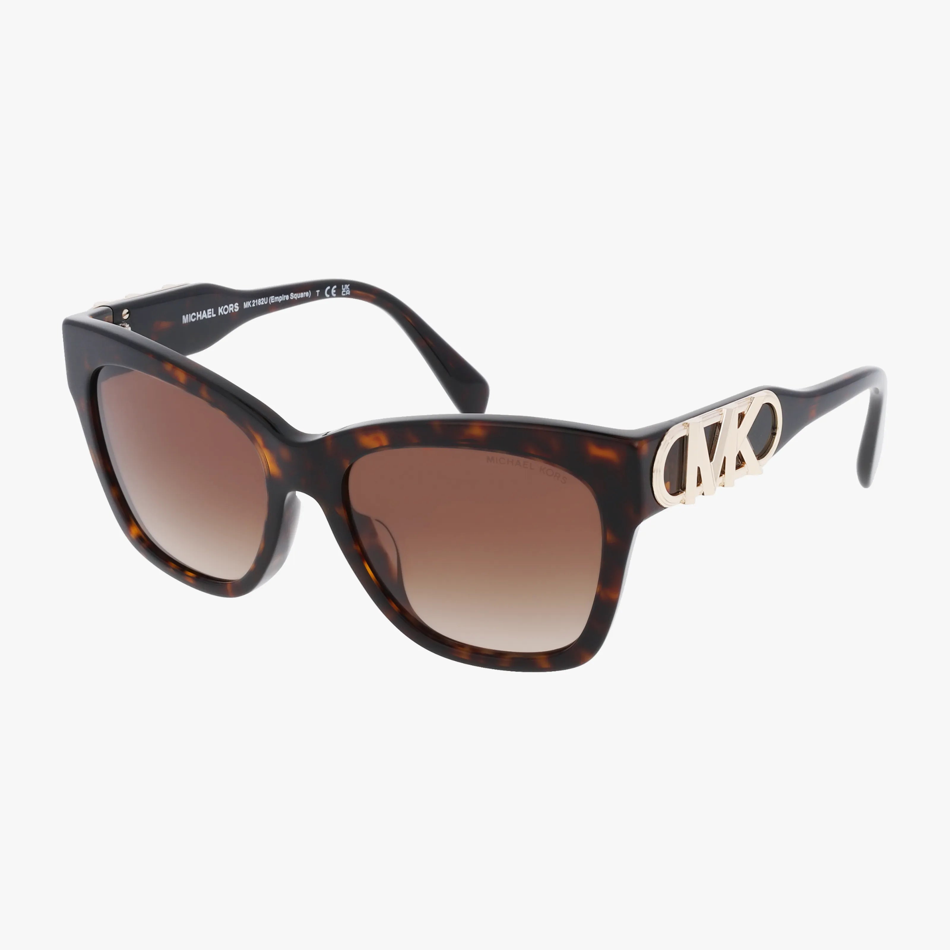 The MK2182U Michael Kors sunglasses feature brown gradient lenses, a gold MK logo on the arms, and stylish acetate frames, displayed on a white background.