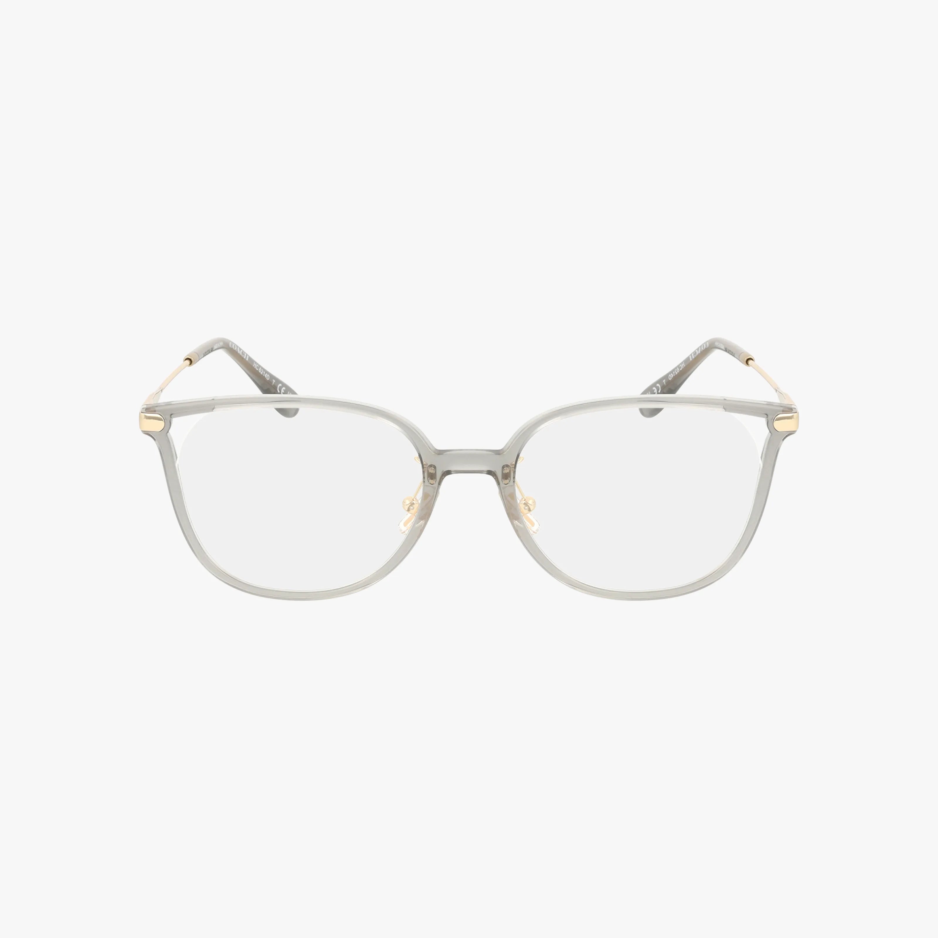 The HC6214D features clear, square-shaped eyeglasses with thin, transparent frames and gold hinge accents, displayed against a plain white background.
