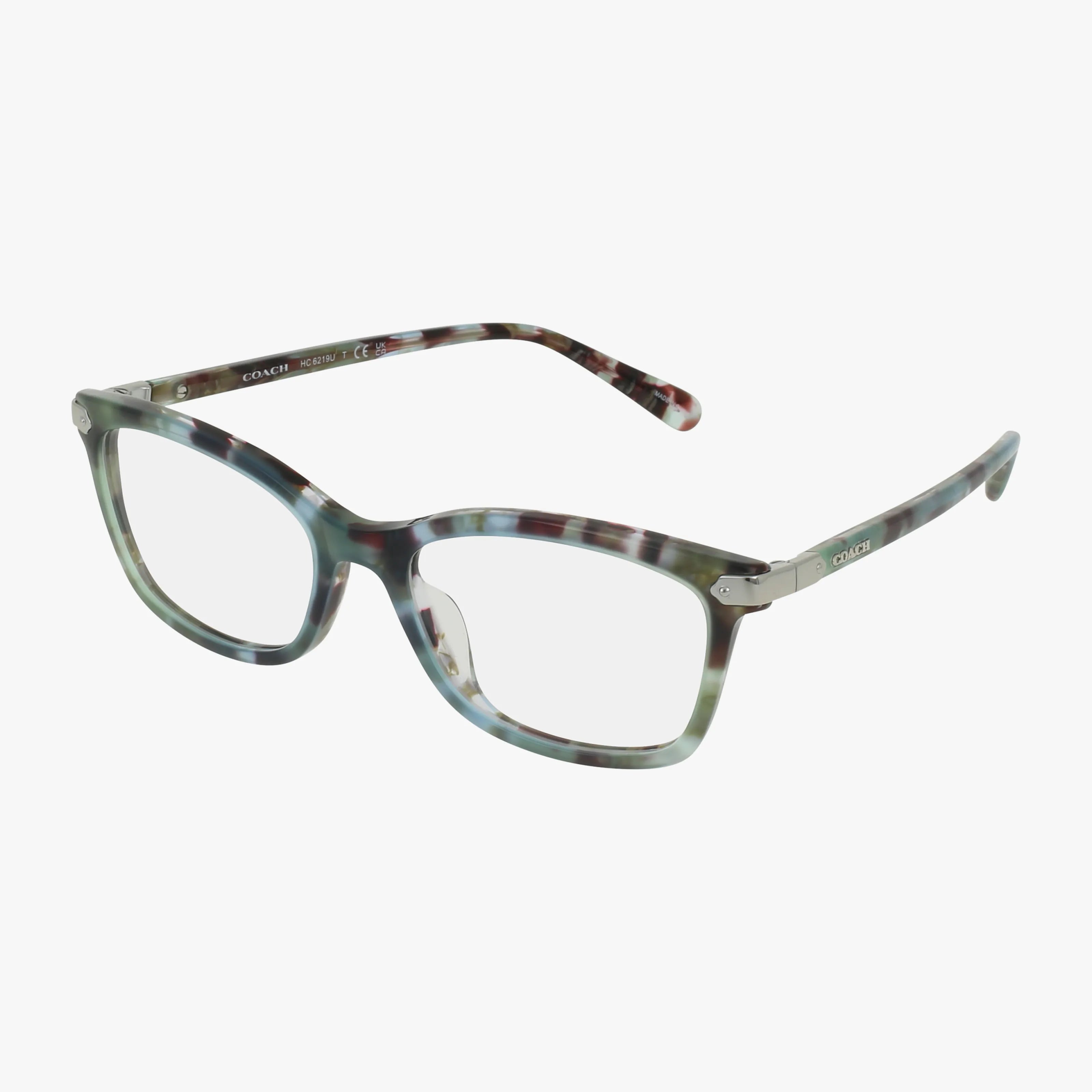 Shop online for Coach HC6219U rectangular eyeglasses featuring a multicolored marbled frame in blue, brown, and green with silver hinges, curved arms, and the signature Coach logo.