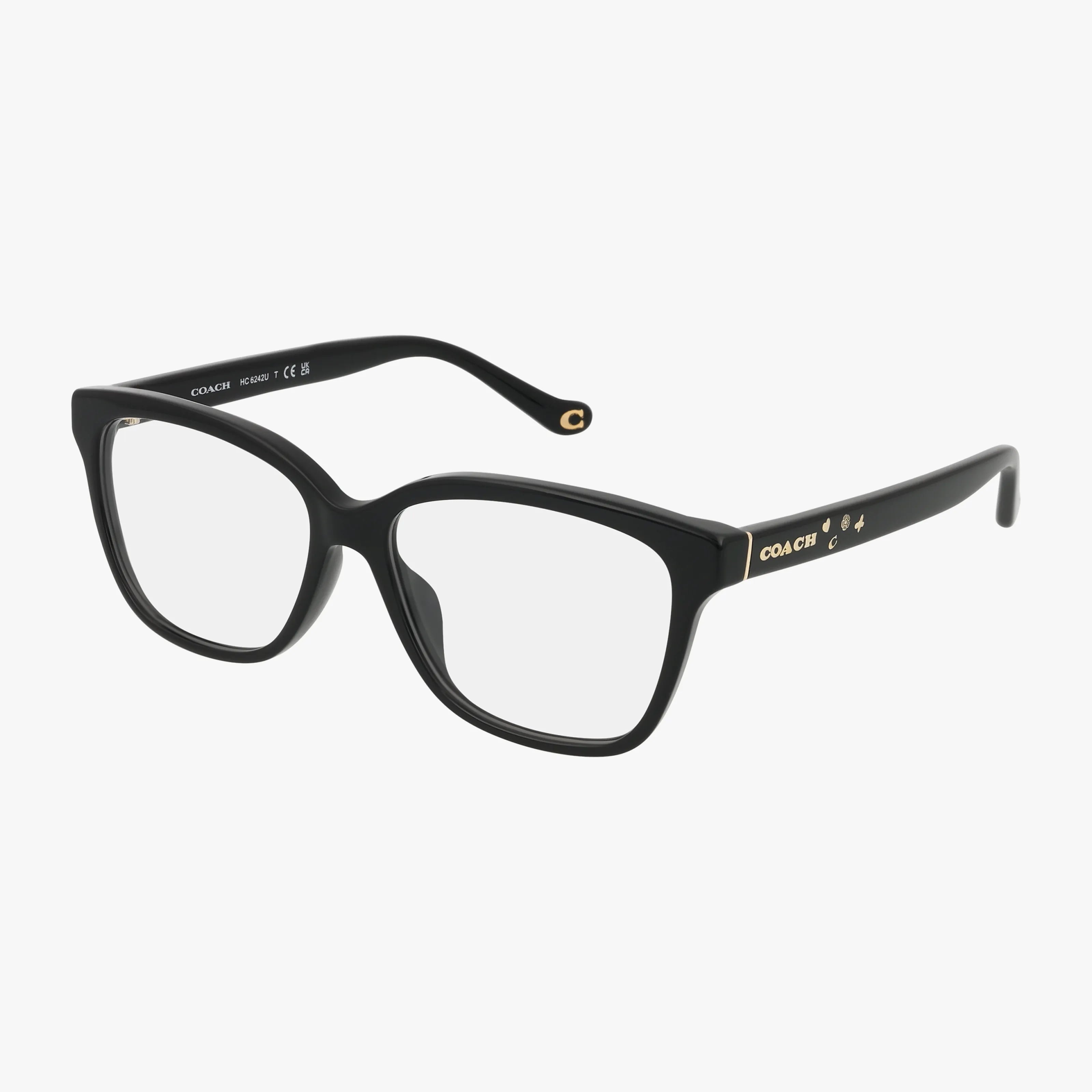 The HC6242U eyewear frame features a black rectangular design with clear lenses and subtle rose gold accents on the temples, displayed against a plain white background.