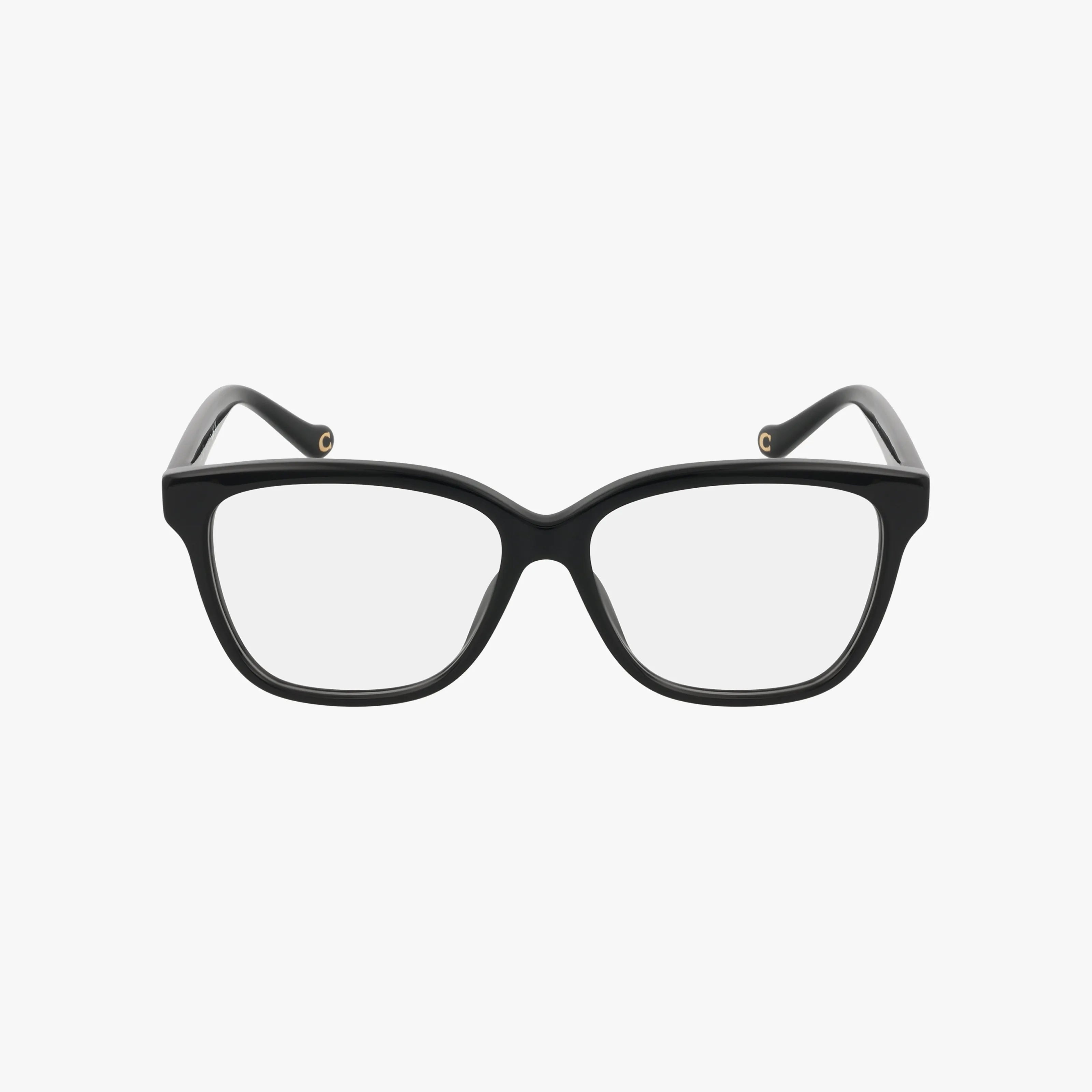 The HC6242U is a pair of black rectangular eyeglasses with clear lenses and subtle rose gold accents, shown facing forward on a plain white background for a sleek, modern look.