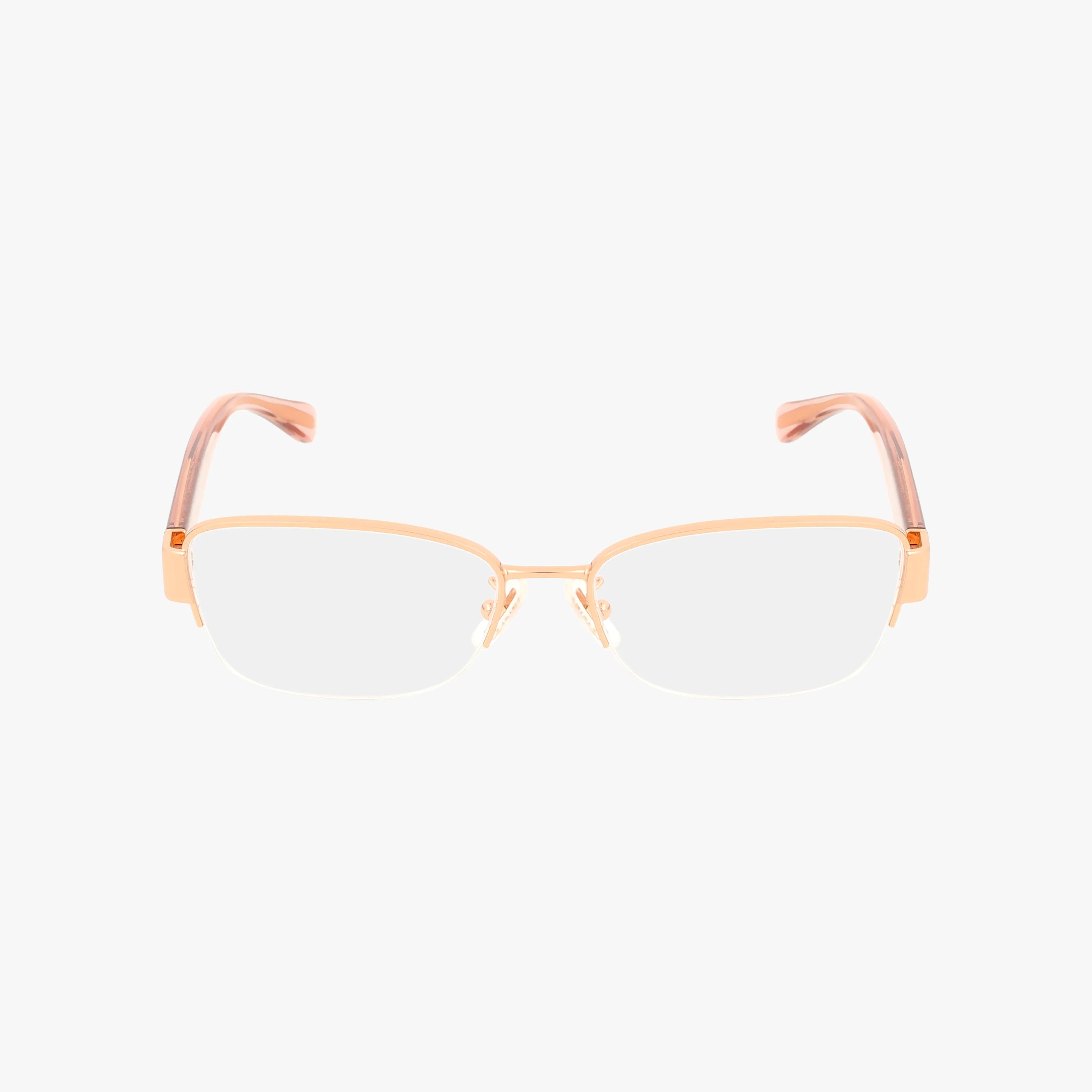The HC5168 eyeglasses feature a gold and pink half-rim frame with clear lenses, blending classic style and modern design, shown against a plain white background.