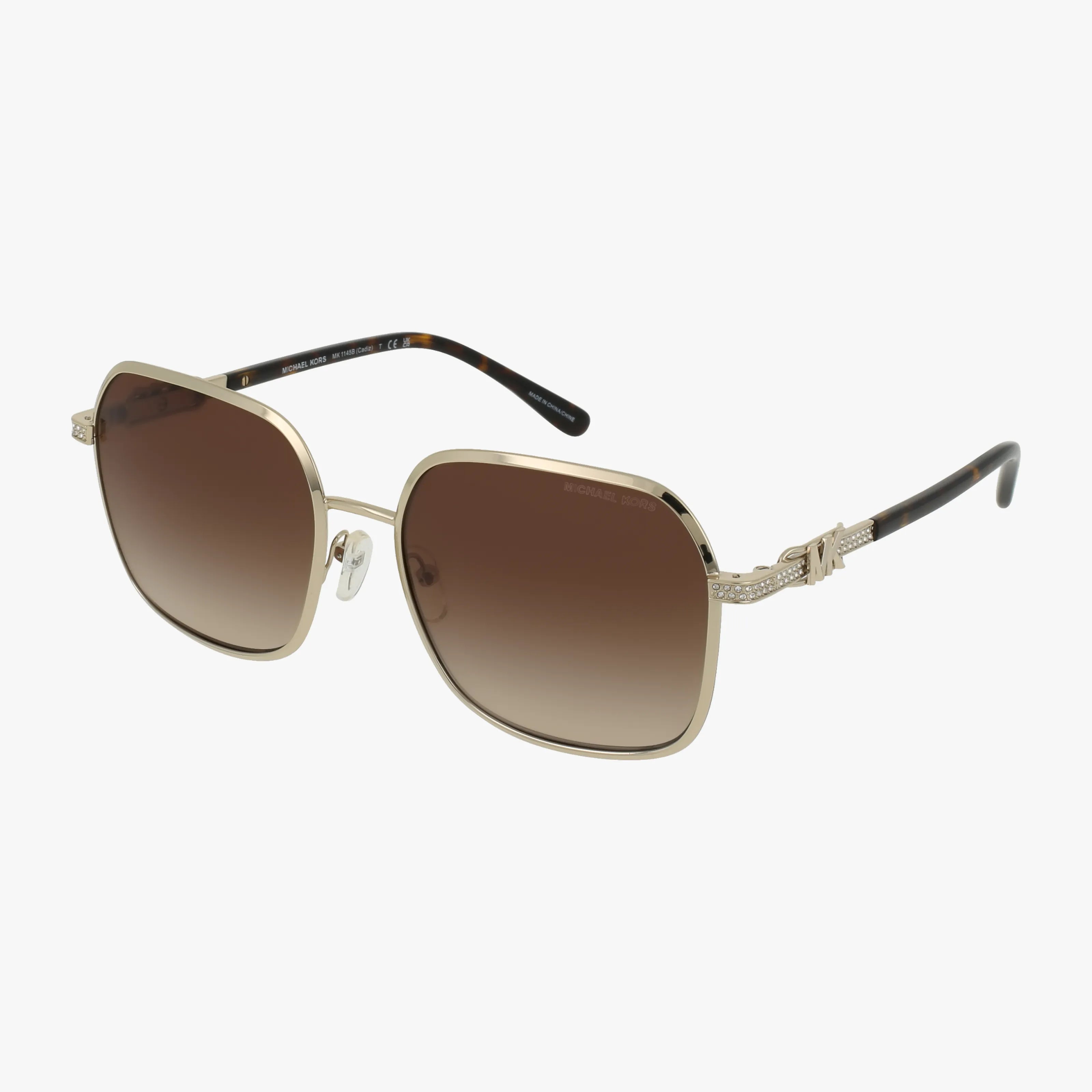 Gold-framed, square-shaped Michael Kors MK1145B sunglasses with brown gradient lenses and thin arms featuring decorative hinge details, displayed on a white background.