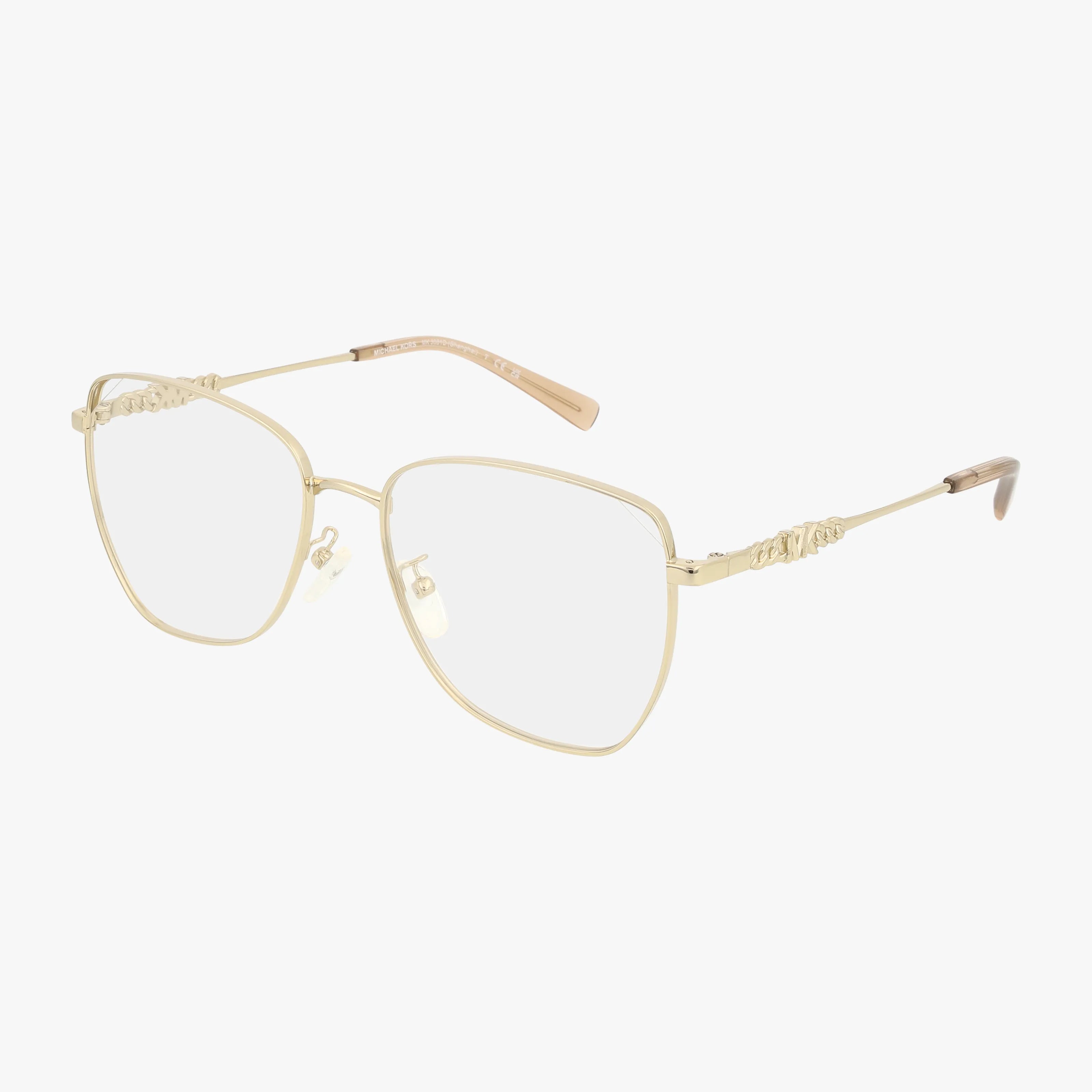 The MK3081D is a gold metal prescription eyewear frame with clear lenses, thin square design, detailed temples, and light brown plastic arm tips—versatile and shown on a white background.