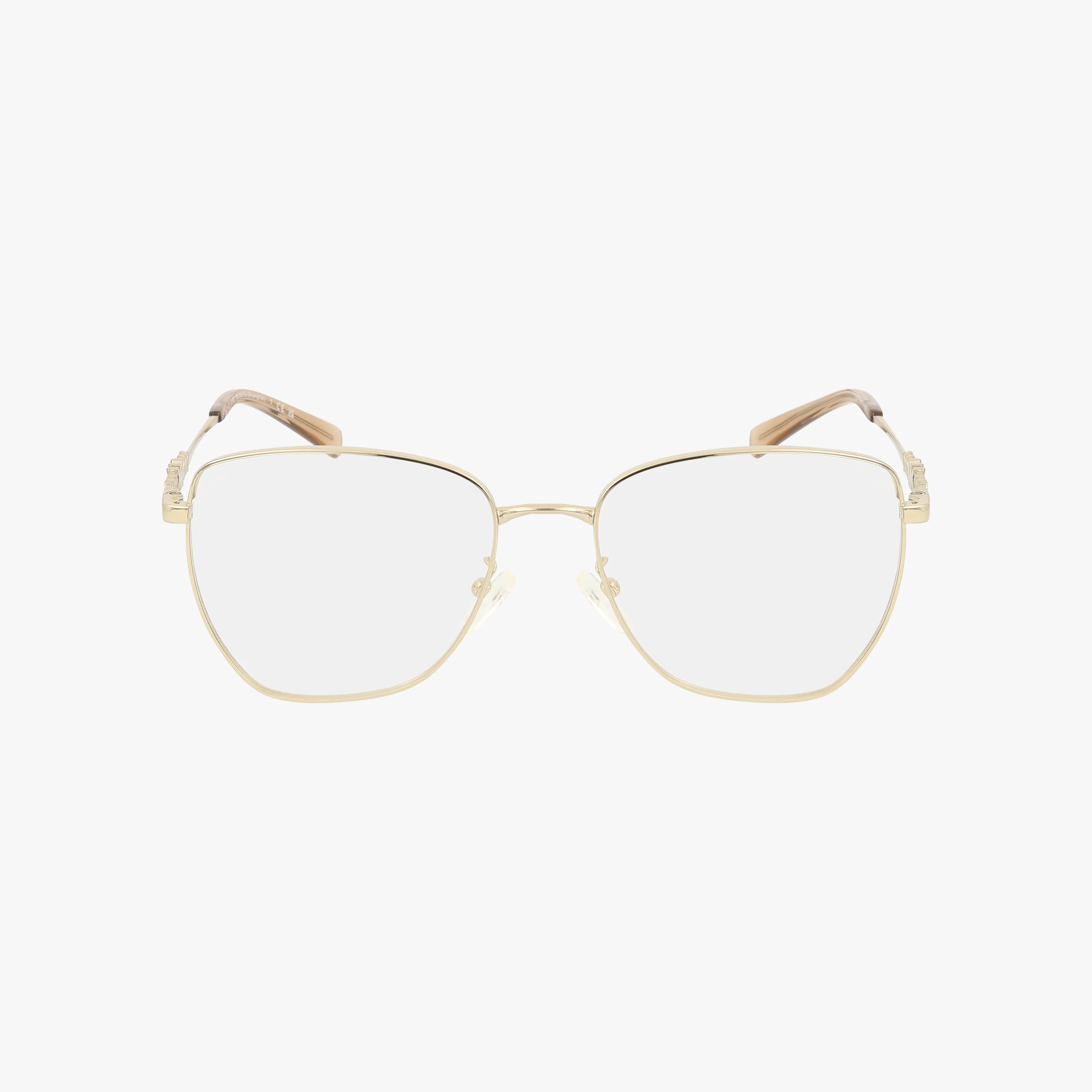 The MK3081D features gold metal frames with large, slightly rounded square lenses and clear nose pads. Gold temples with brown tips offer versatility, perfect for prescription lenses. Displayed against a plain white background.