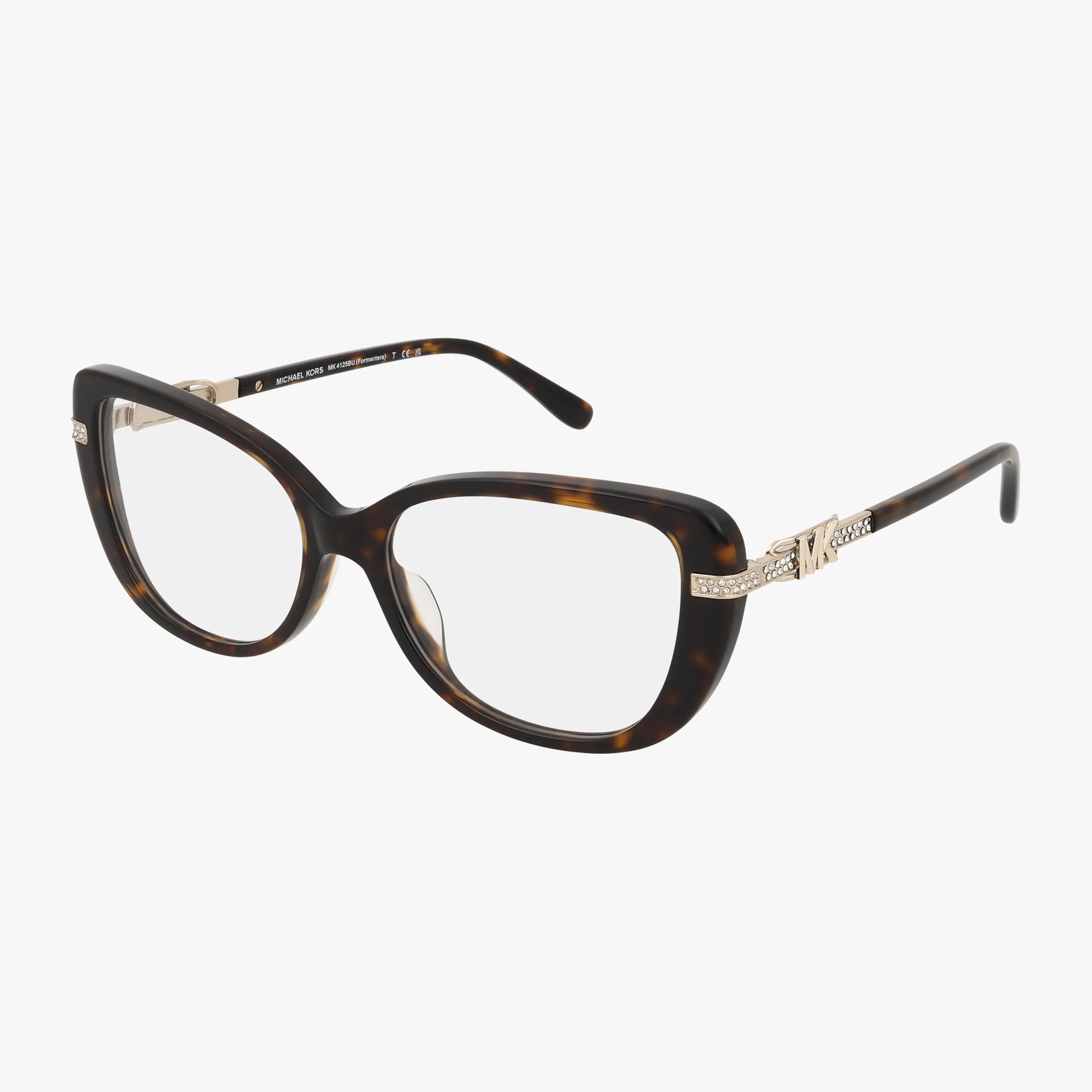 The MK4125BU features brown tortoiseshell Michael Kors rectangular frames with gold hinge accents and decorative arm detailing, delivering designer style and vision benefits, shown against a plain white background.