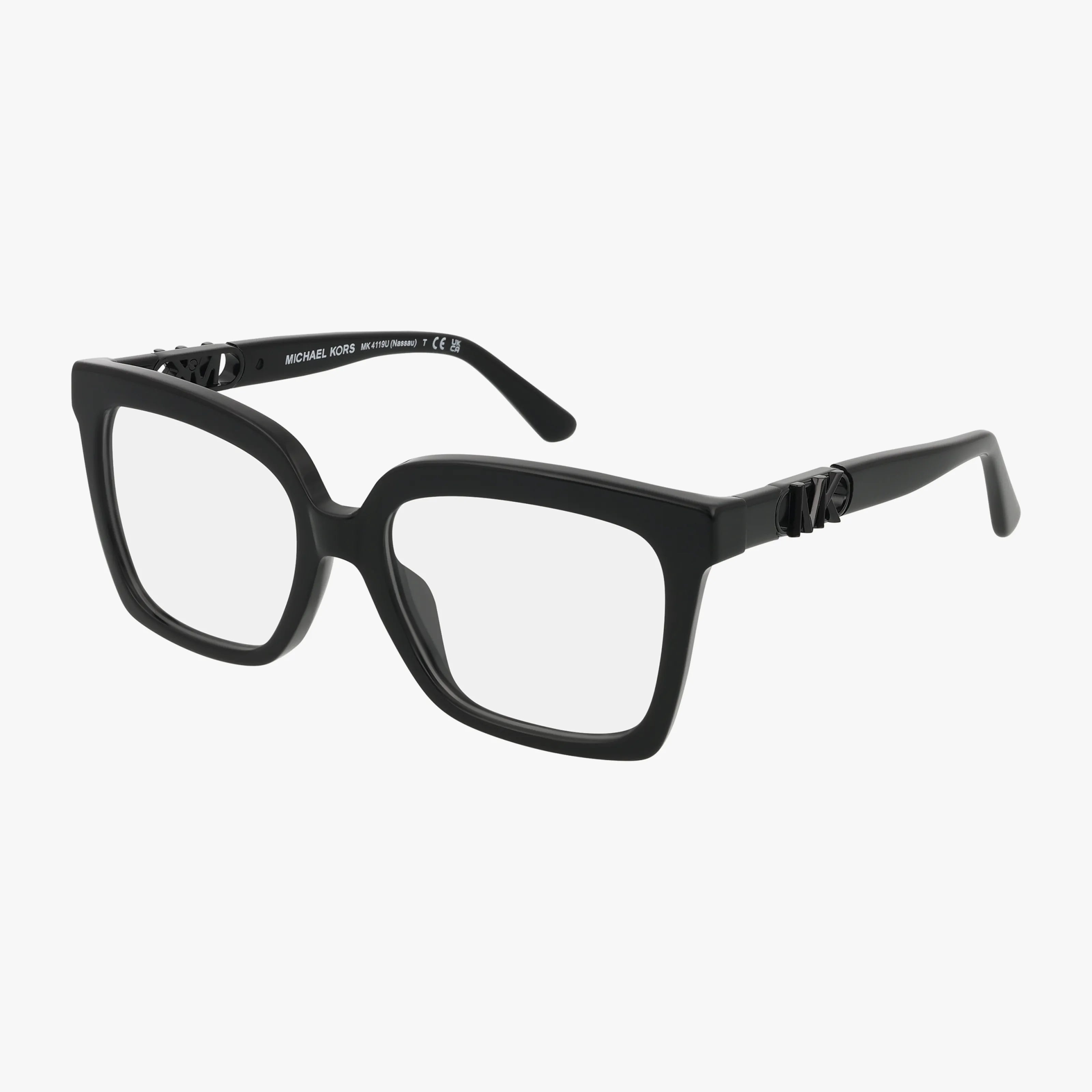 MK4119U black square-framed eyeglasses with clear lenses and a subtle accent on the temples, inspired by Michael Kors eyewear, shown on a white background.