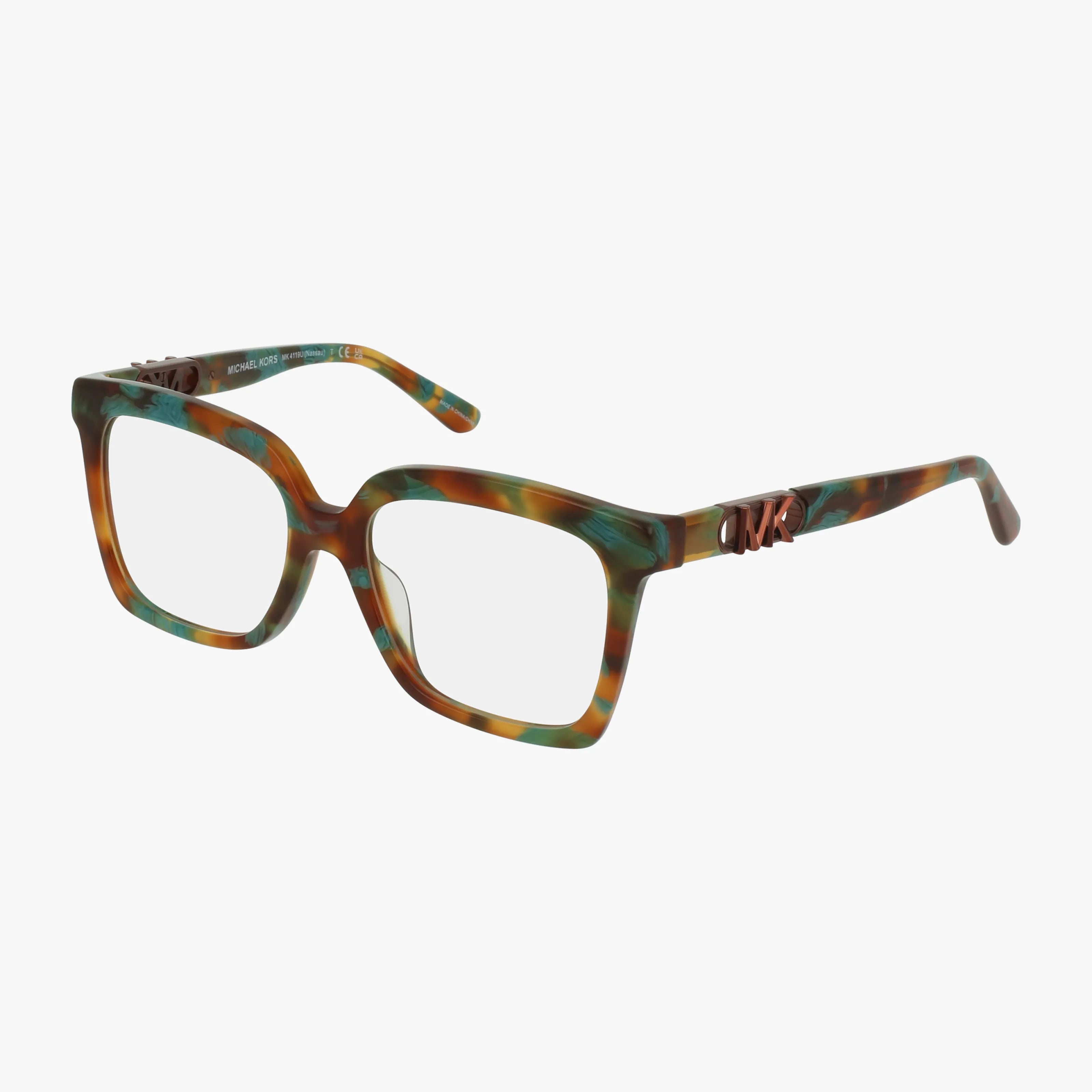The MK4119U features rectangular eyeglasses with thick, multicolored tortoiseshell frames in green, brown, and blue tones. Decorative metal detail accents the hinge area for a trendy Michael Kors eyewear style.