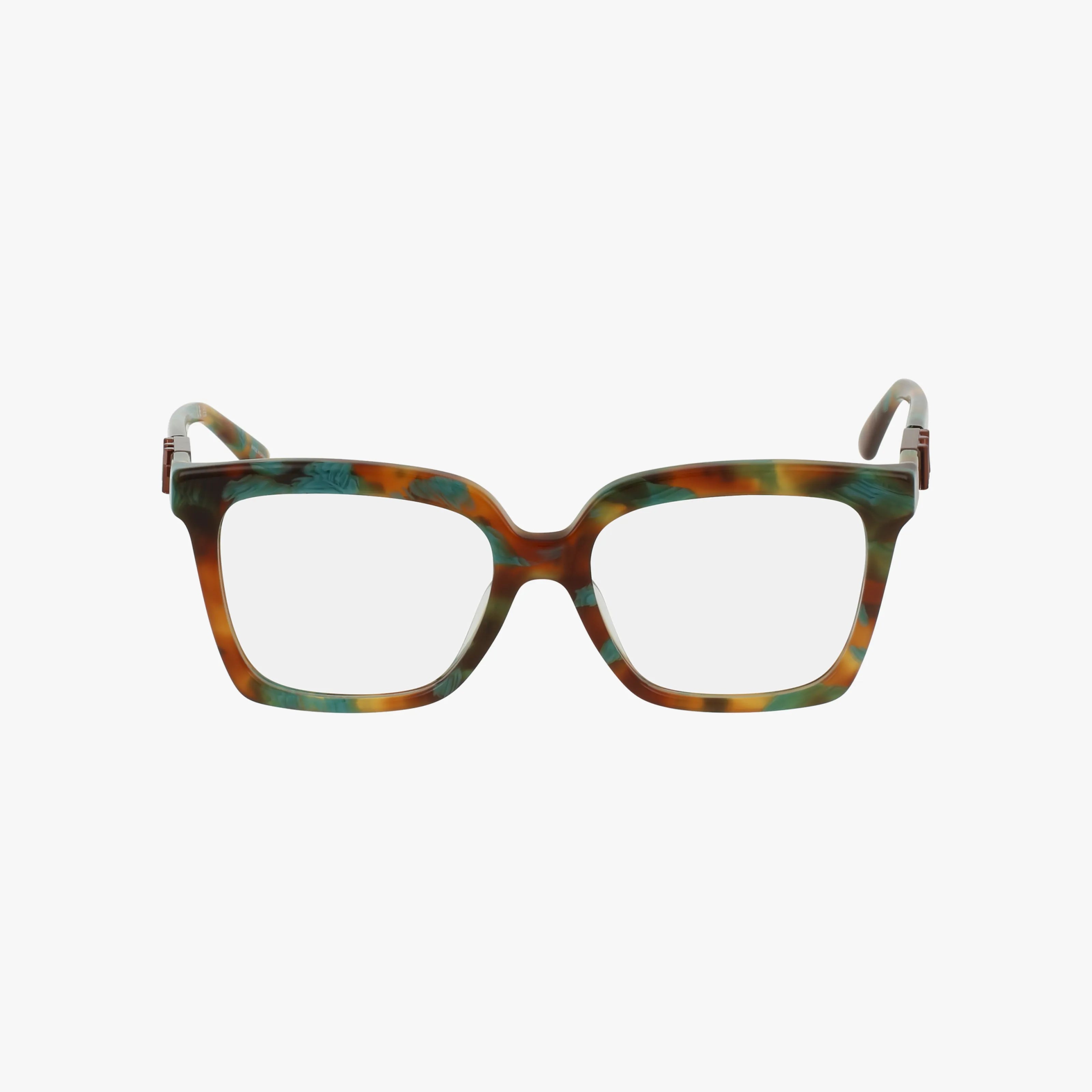The MK4119U features rectangular Michael Kors eyewear with thick, multicolored tortoiseshell frames in green, brown, and amber hues, offering trendy style and optional blue light lenses, displayed on a plain white background.