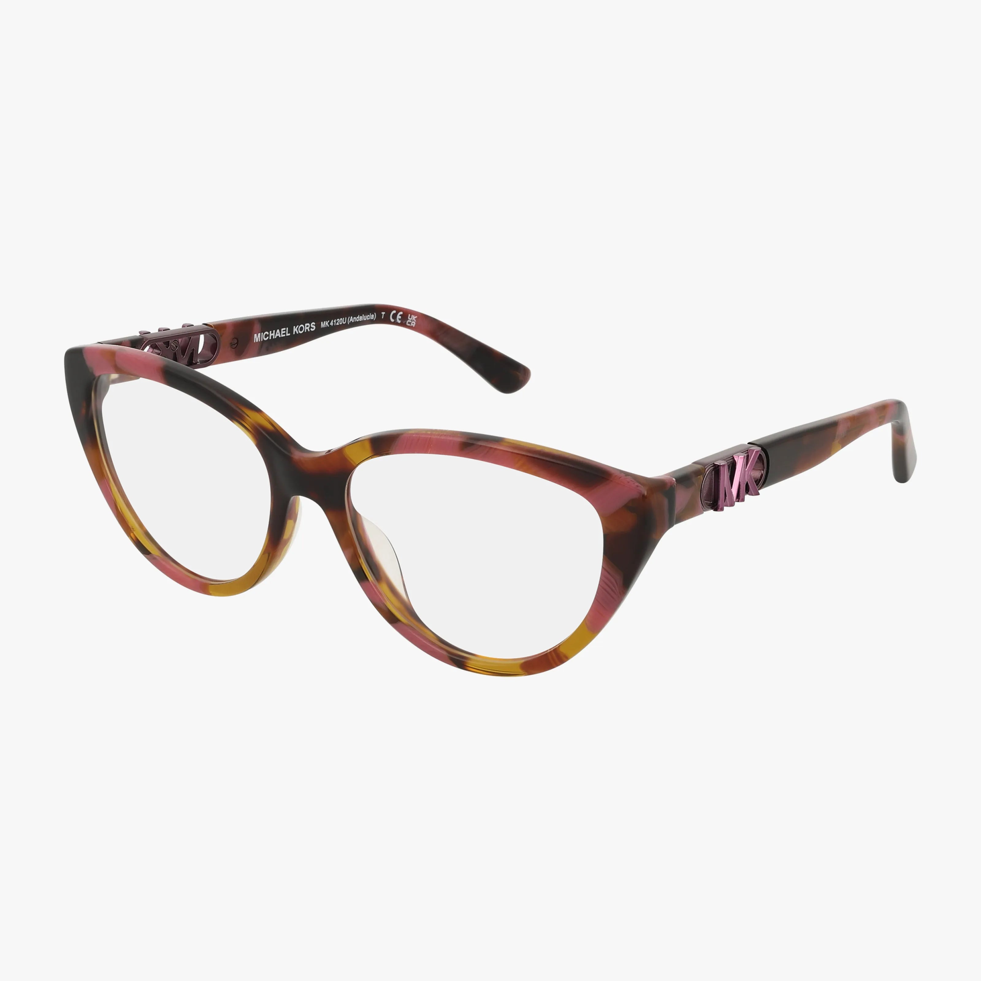 The MK4120U is a chic tortoiseshell cat-eye eyewear with clear lenses and decorative pink MK logos on the arms—a standout Michael Kors frame.