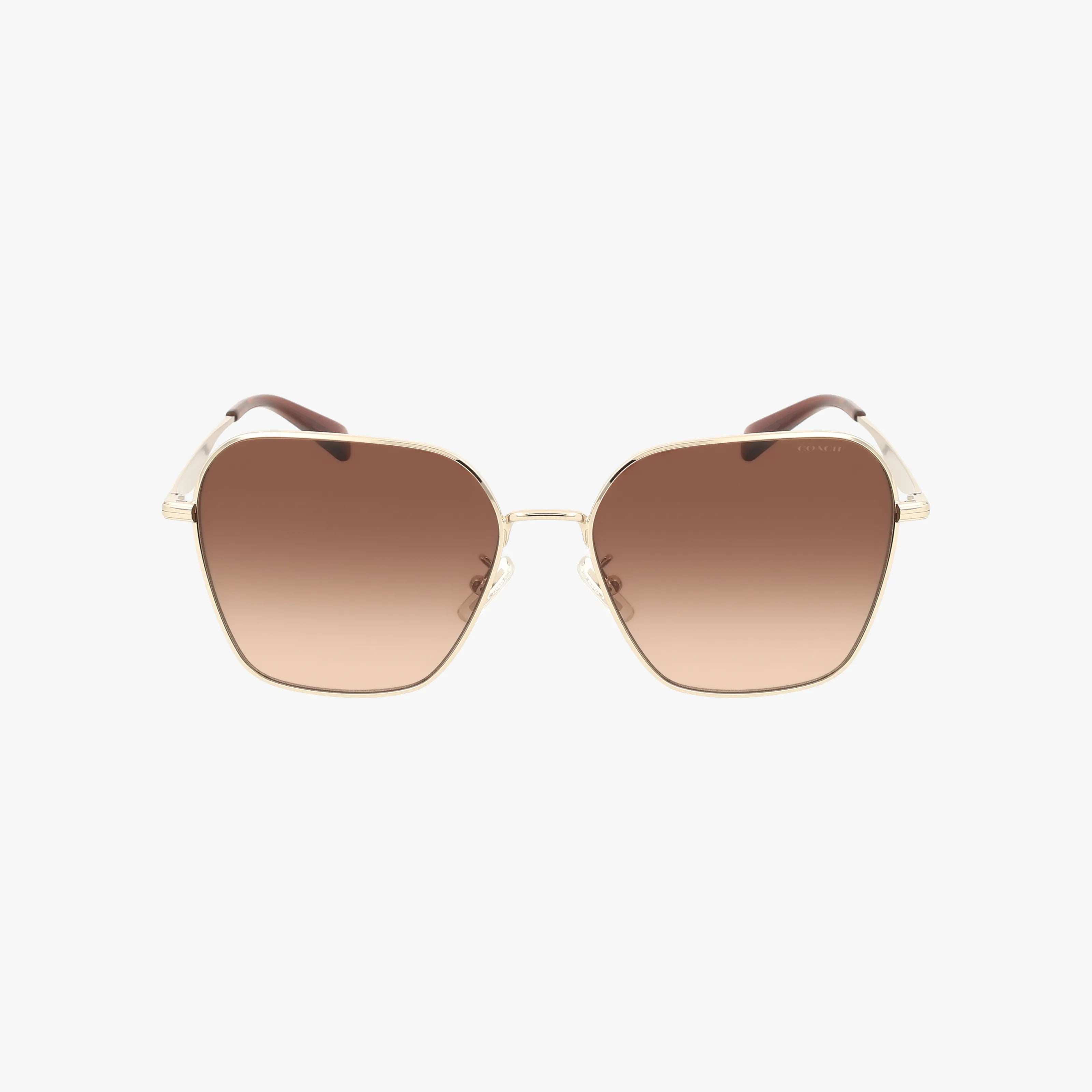 The HC7168 sunglasses feature large, square gold metal frames with brown gradient lenses and brown-tipped temples, shown front-facing on a white background. Enjoy advanced protection and sleek style—perfect for online shopping.