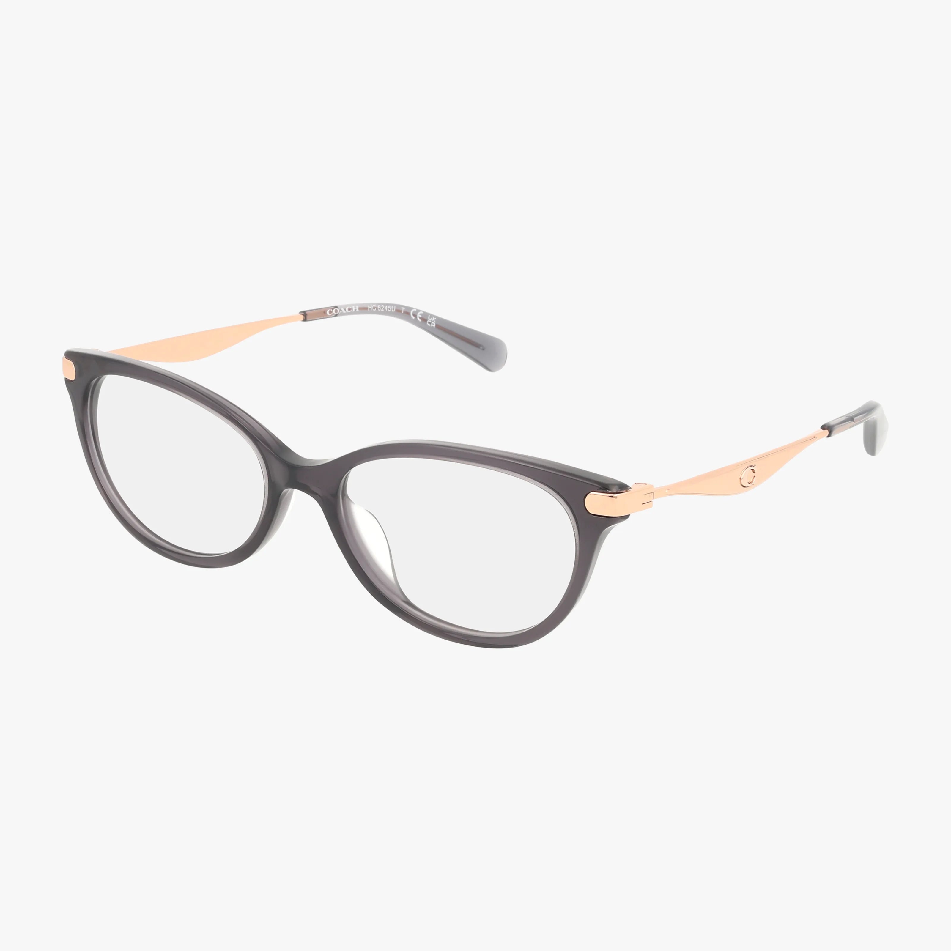 The HC6245U features stylish round black frames and thin metallic gold temples, creating a well-balanced eyeglass design. Displayed on a white background.