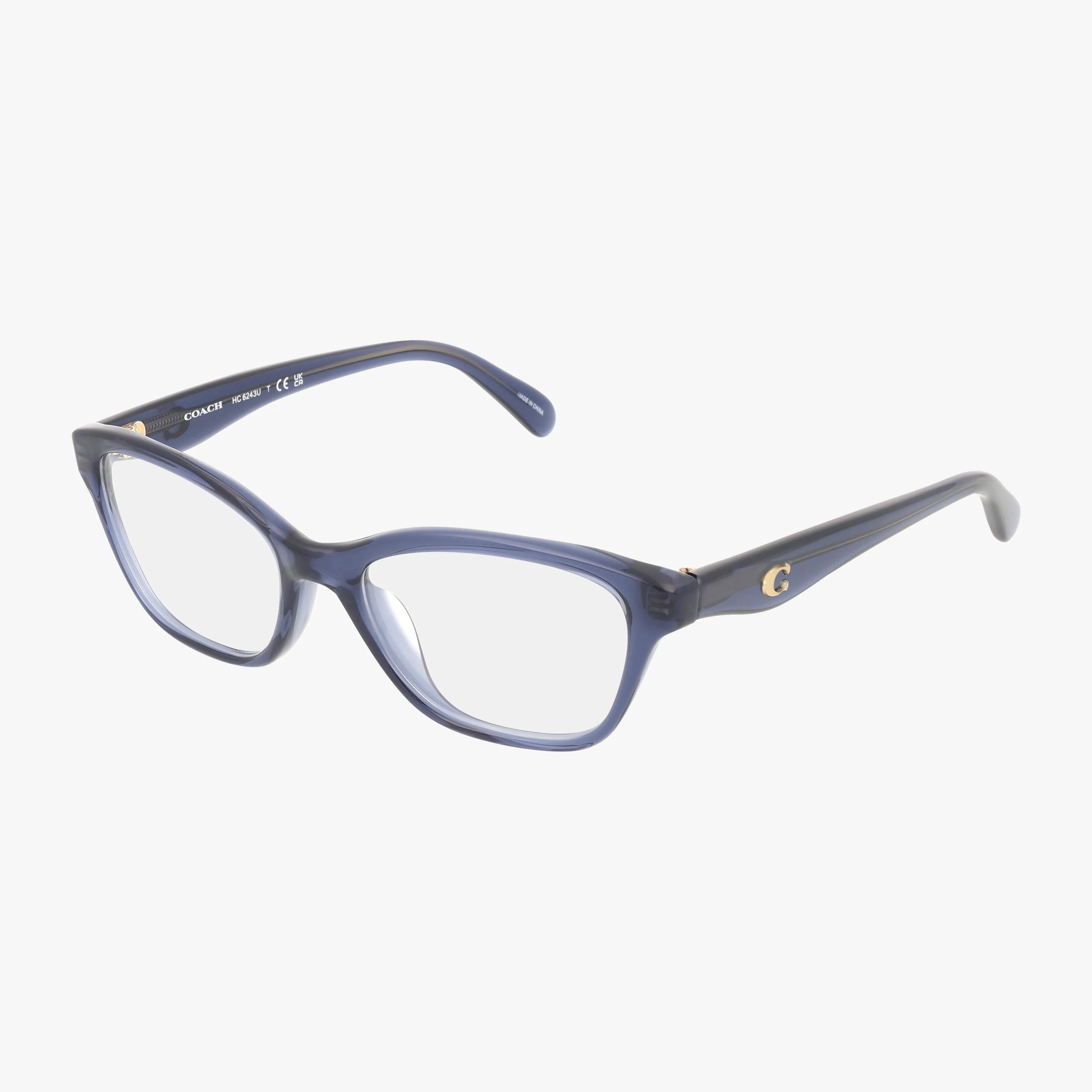 The HC6243U features blue rectangular frames with clear blue light lenses, a slightly thick plastic build, and gold C logo detail on the temples—ideal for daily wear and shown on a white background.