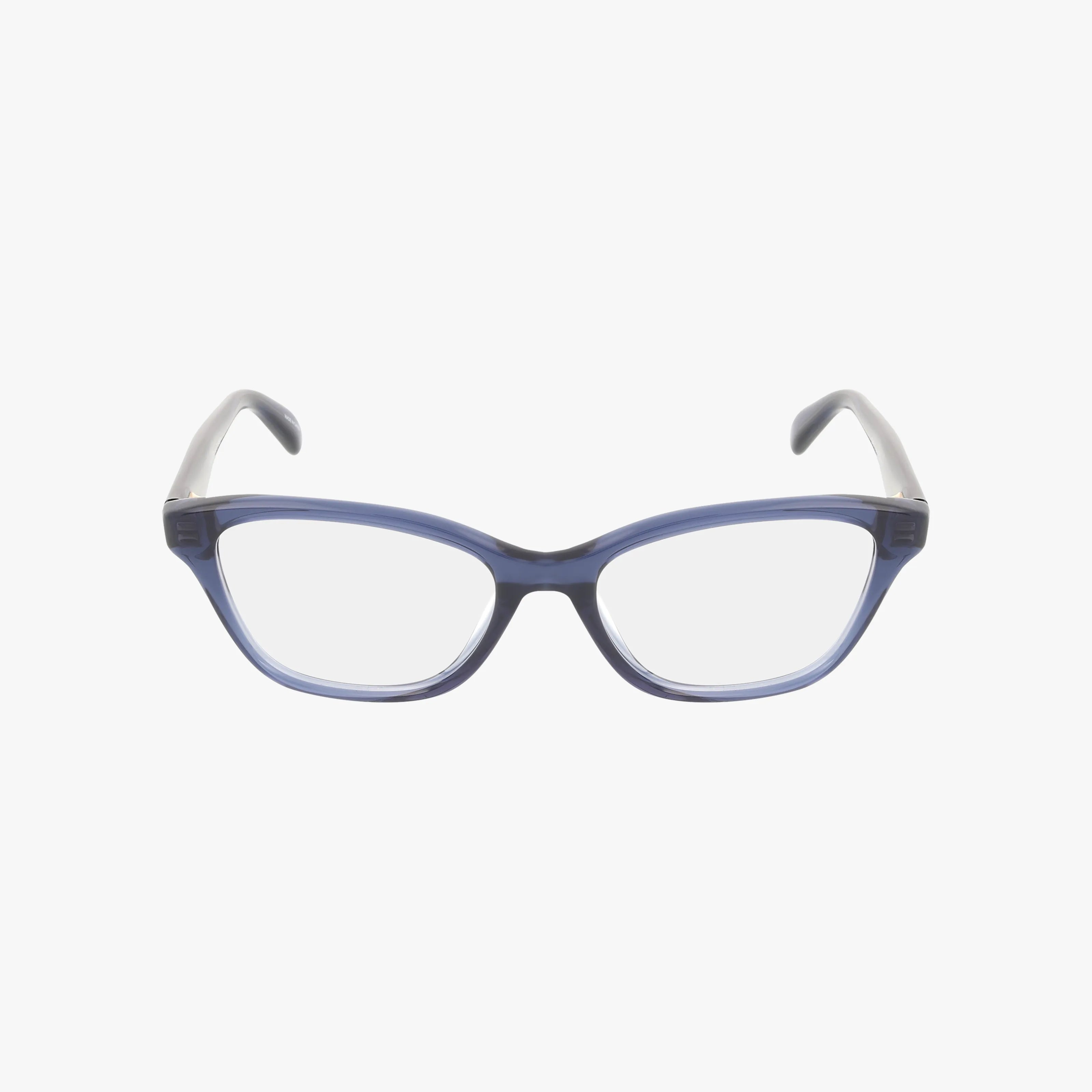 The HC6243U eyeglass frame features a blue, translucent, and stylish rectangular design, ideal for daily wear and displayed front-facing on a plain white background.
