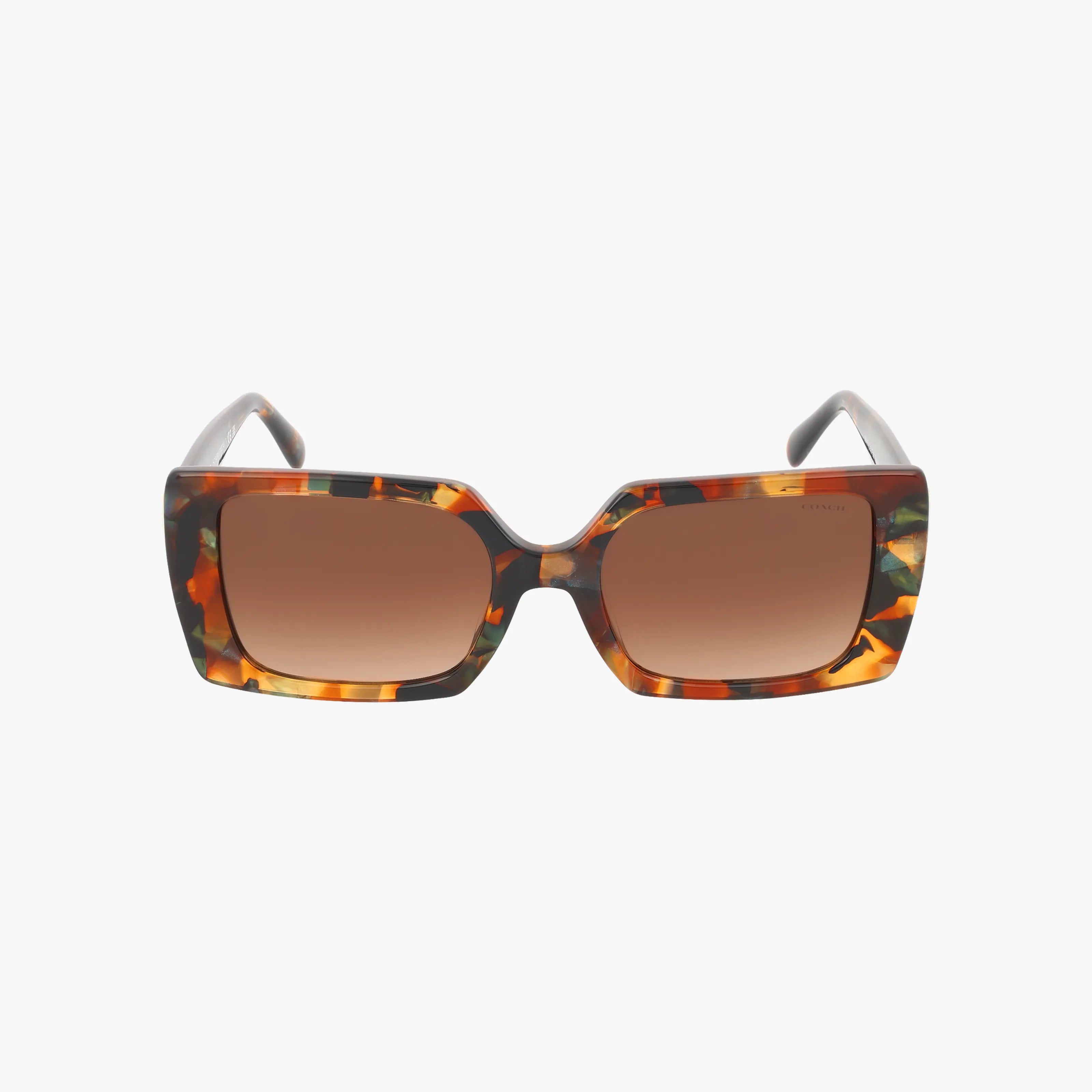 The HC8409U sunglasses feature square tortoiseshell frames that are thick yet lightweight, paired with brown gradient lenses for practical protection, shown on a white background.