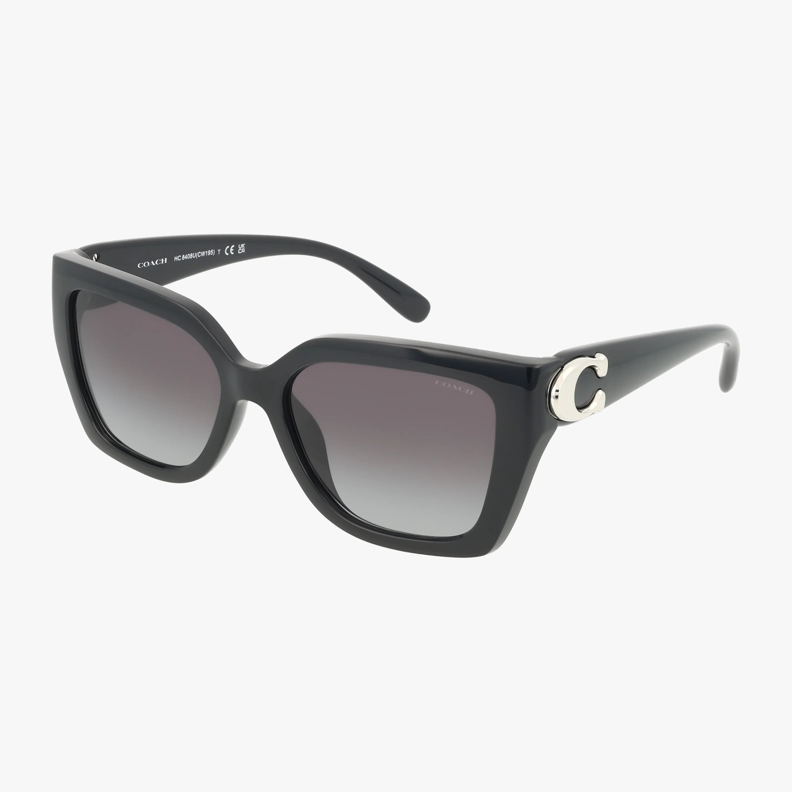 The HC8408U sunglasses feature a black square frame with gradient dark lenses, a silver C logo on the temples for a stylish touch, and essential UV protection, shown against a white background.