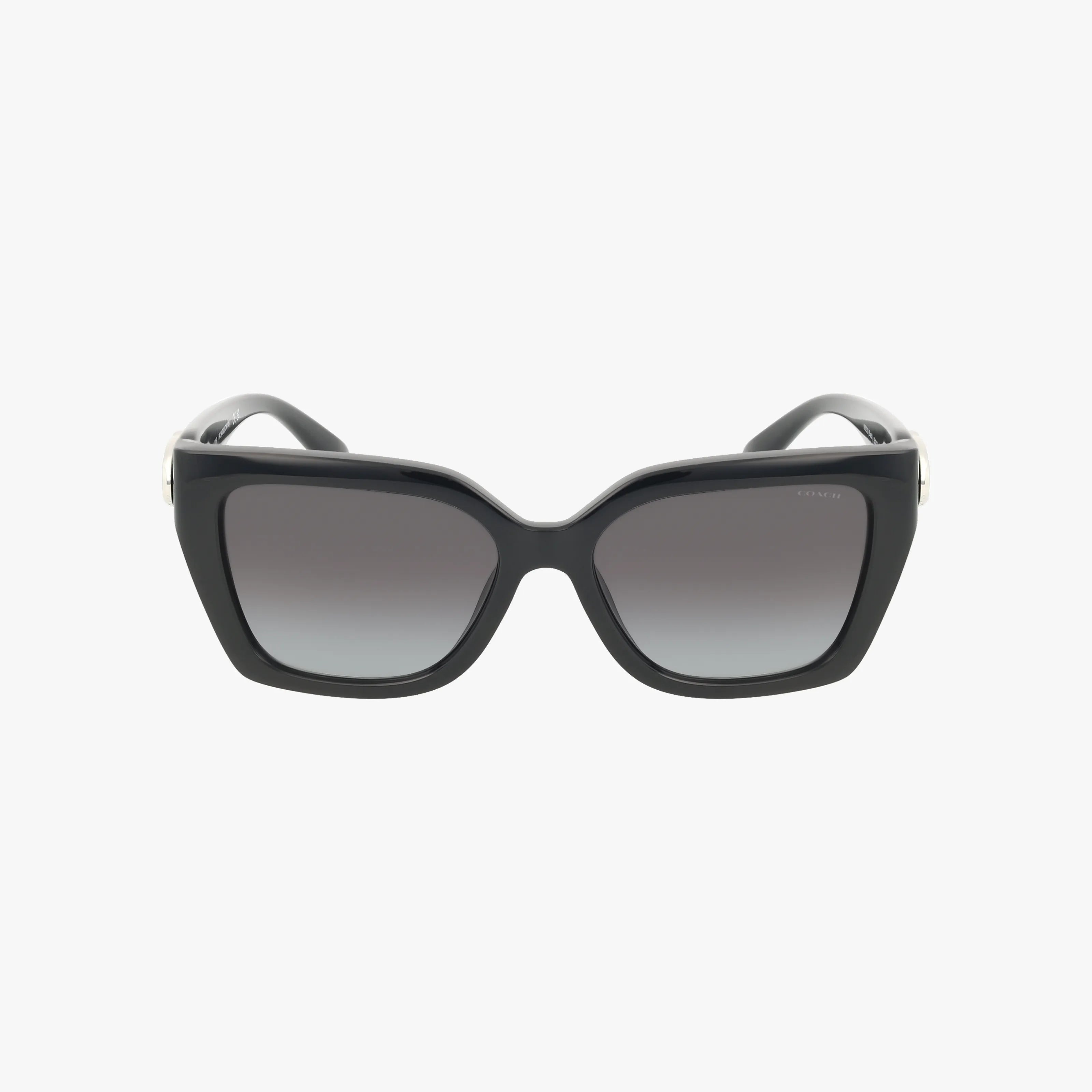 Front view of HC8408U black square sunglasses with dark gradient lenses, providing essential UV protection, shown against a plain white background.