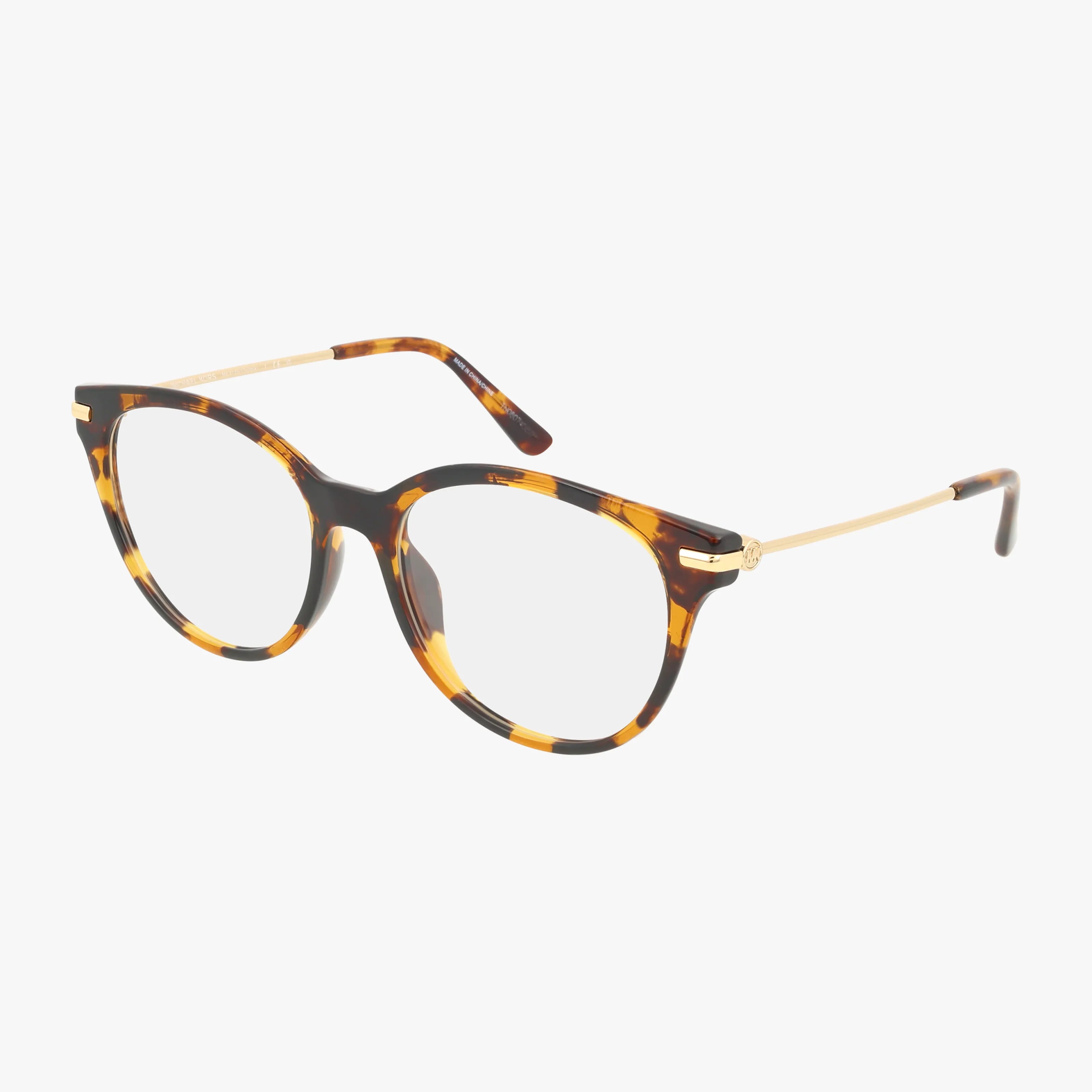 MK4135U tortoiseshell eyeglasses feature a unique frame, round clear lenses, and thin gold temples, shown on a white background.