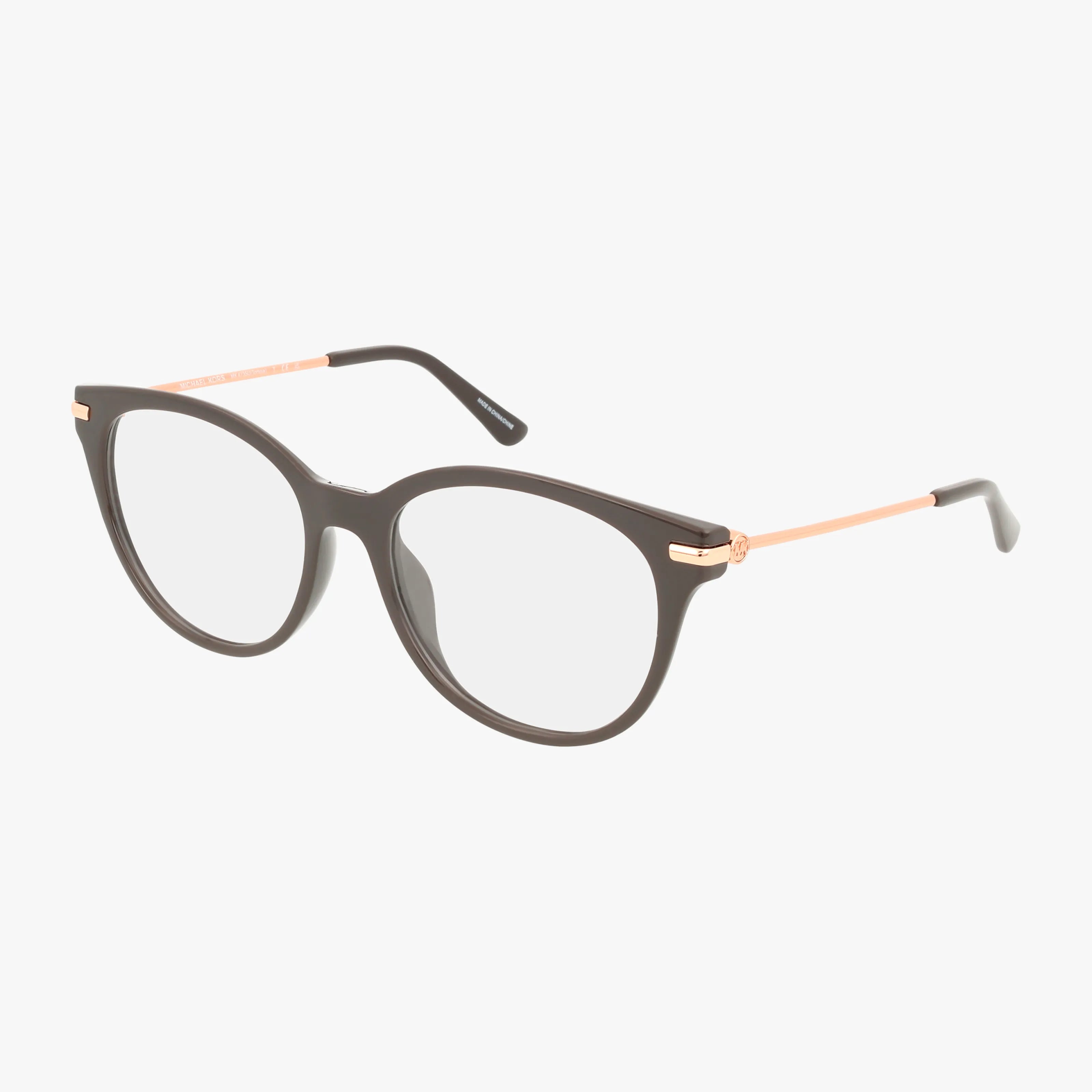 The MK4135U features round black eyeglass frames with thin gold metal arms and clear lenses, displayed on a white background.