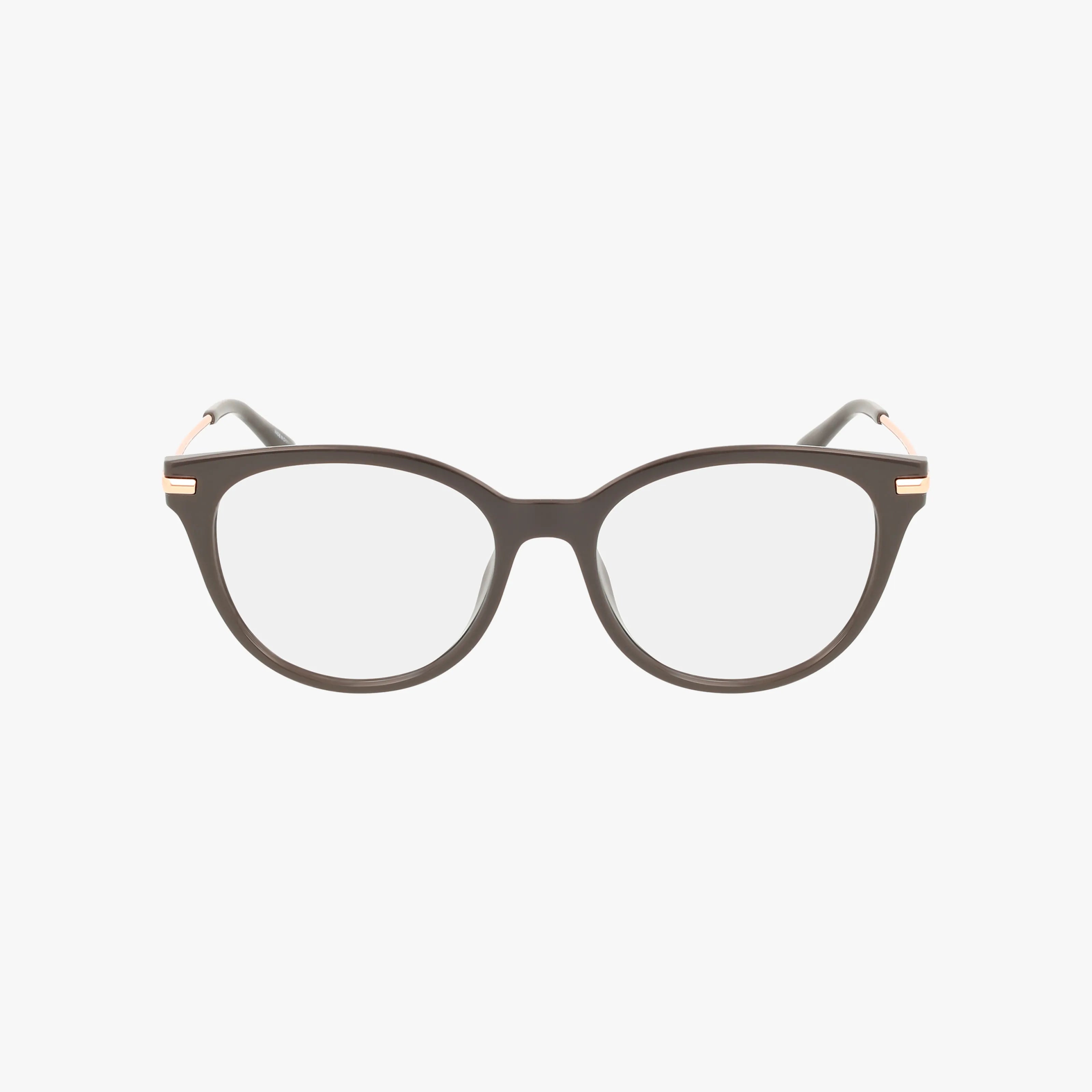 Front view of MK4135U black round eyeglasses with a unique frame, clear prescription lenses, thin arms, and small gold accents near the hinges, displayed on a plain white background.