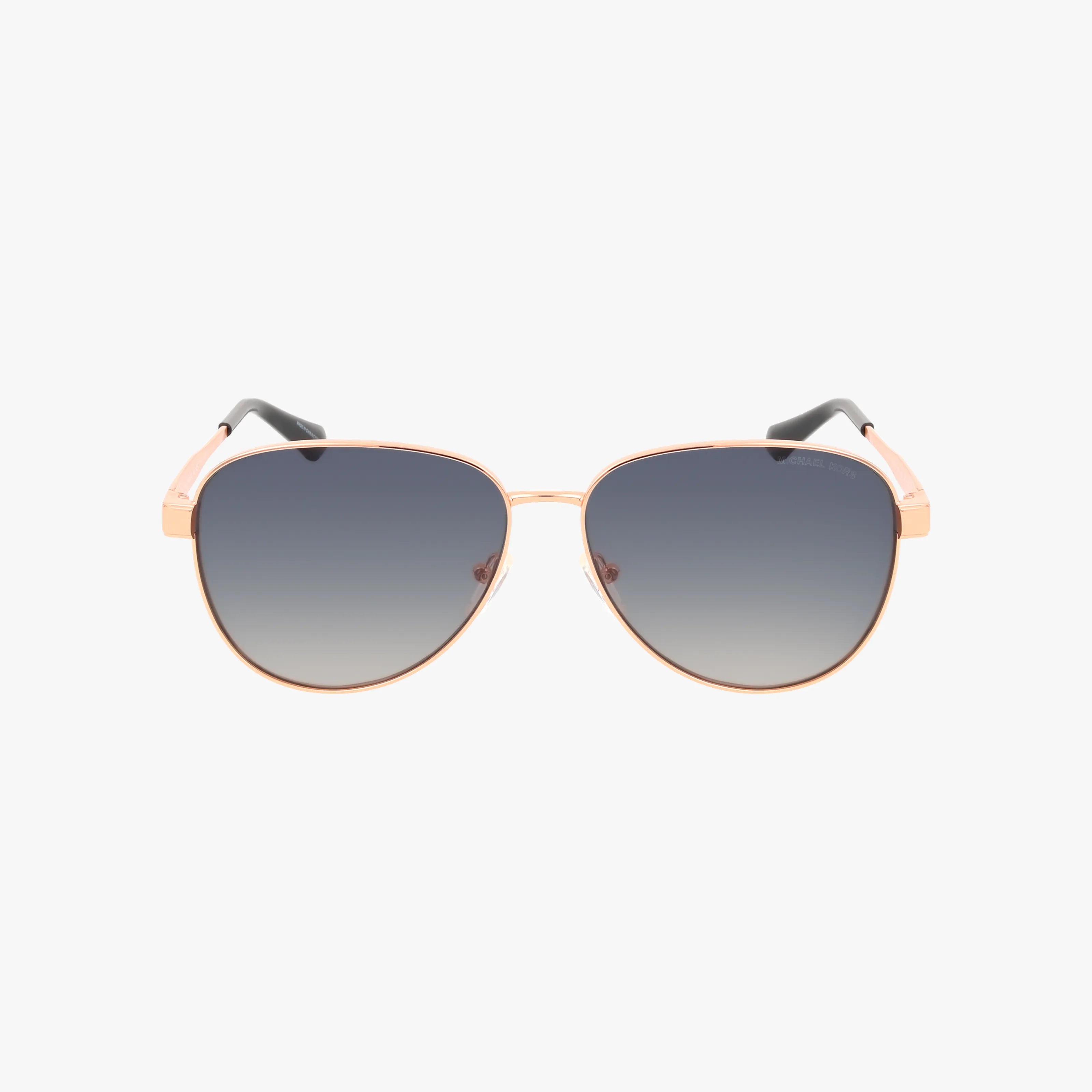 Front view of MKS1160 aviator sunglasses with sturdy gold metal frames and dark gradient lenses, displayed on a white background.