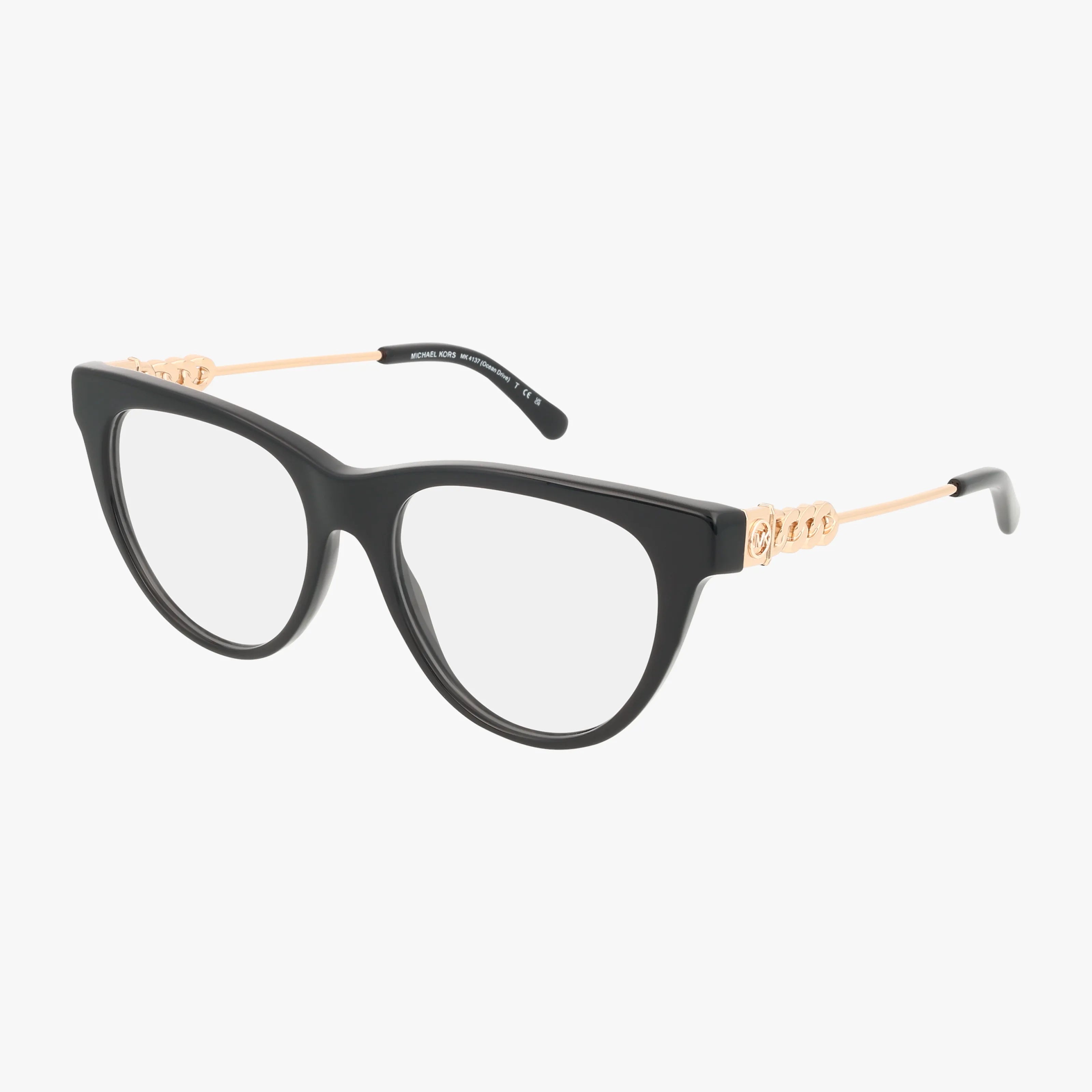 The MK4137 eyeglasses feature a black cat-eye design with lightweight frames, gold metal arms, and clear lenses accented by decorative gold details near the hinges—modern and stylish eyewear on a white background.