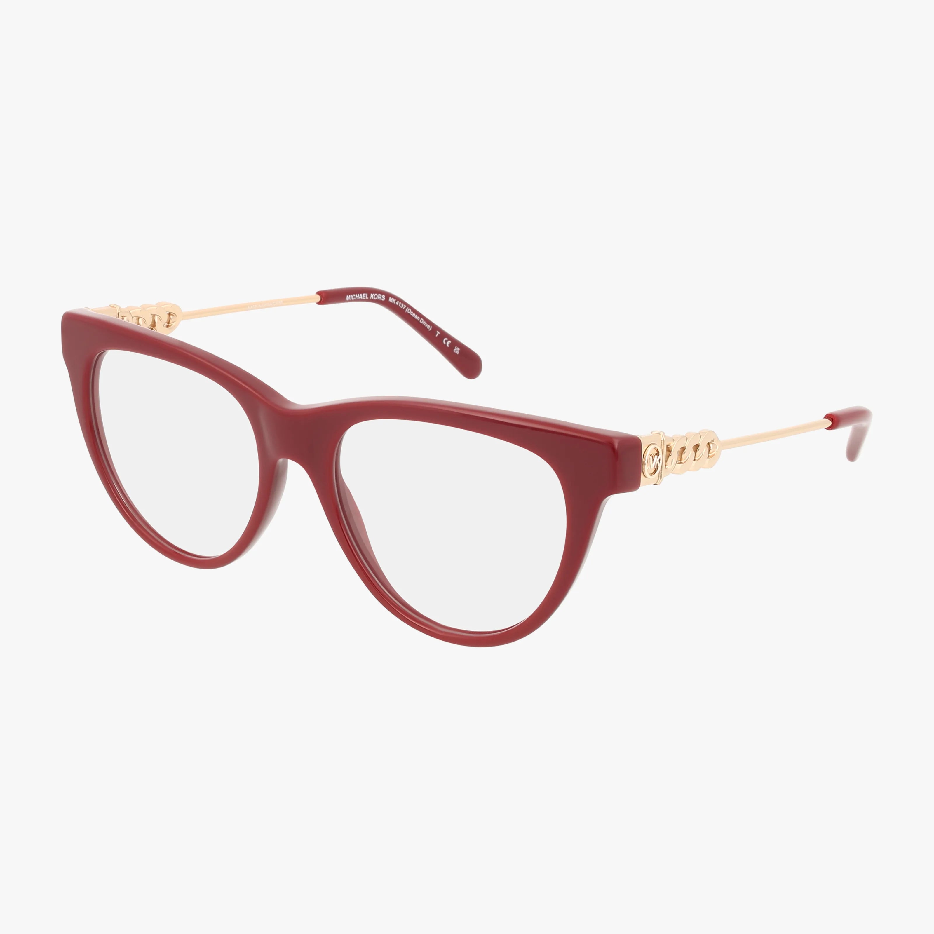 The MK4137 features red cat-eye eyeglasses with gold metal arms and decorative accents near the hinges, offering a lightweight, stylish, and comfortable frame, displayed on a plain white background.