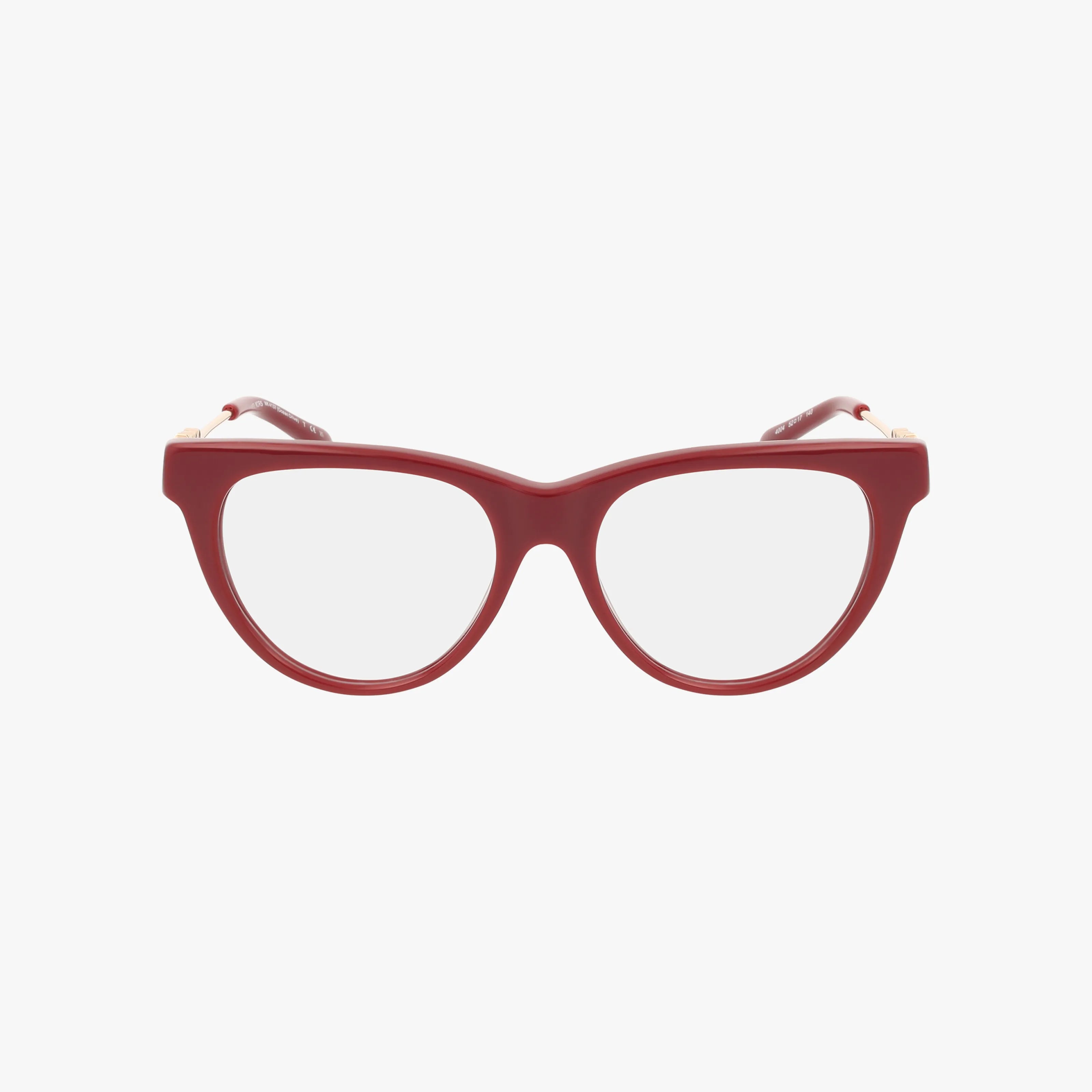 The MK4137 features red cat-eye eyeglasses with a lightweight frame and clear lenses, displayed front-facing on a plain white background—a chic upgrade to any modern eyewear collection.