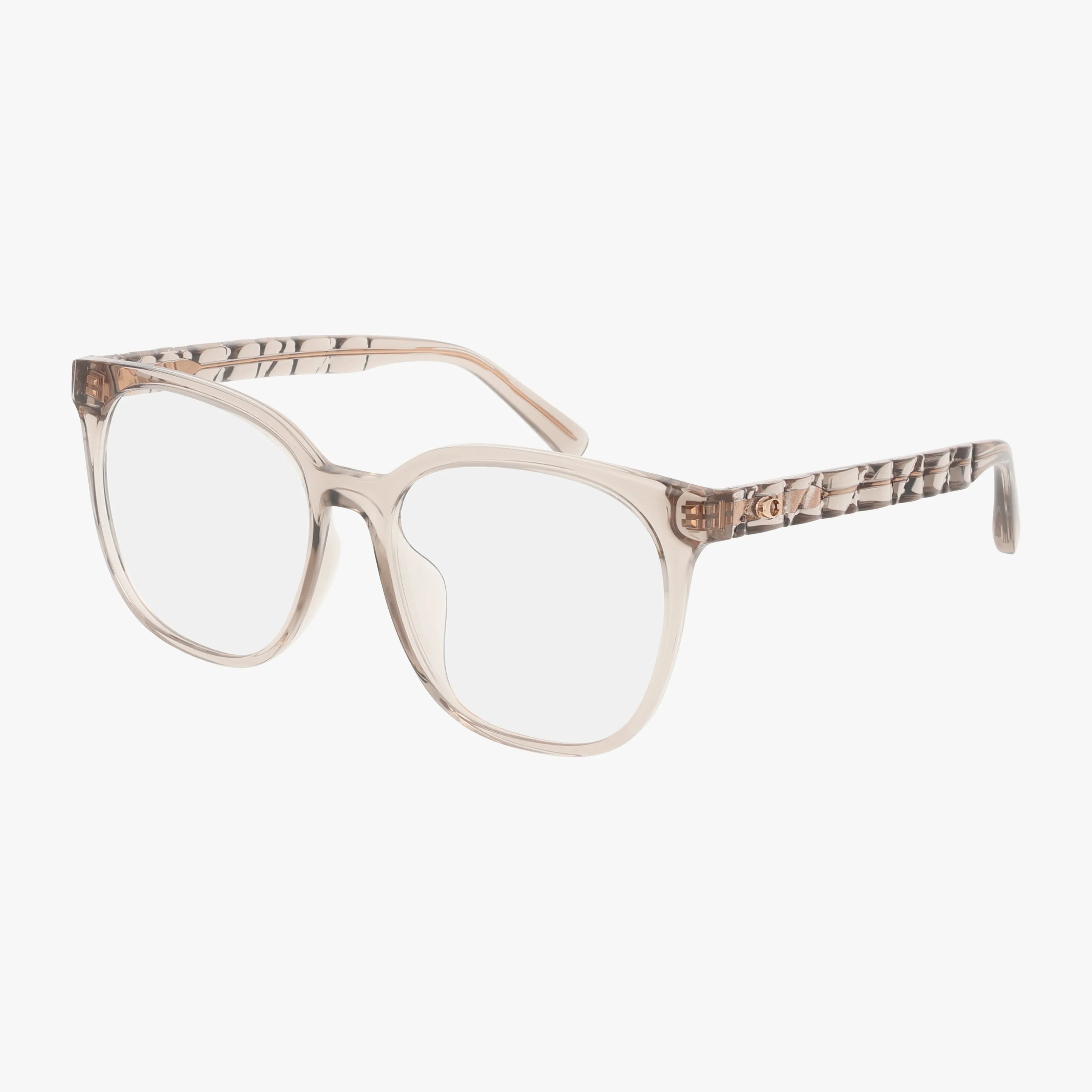 The HC6267D features translucent beige eyeglasses with a stylish, large rounded rectangular frame, classic lines, and textured arms. Optional Transitions lenses add a modern touch. Shown on a white background.