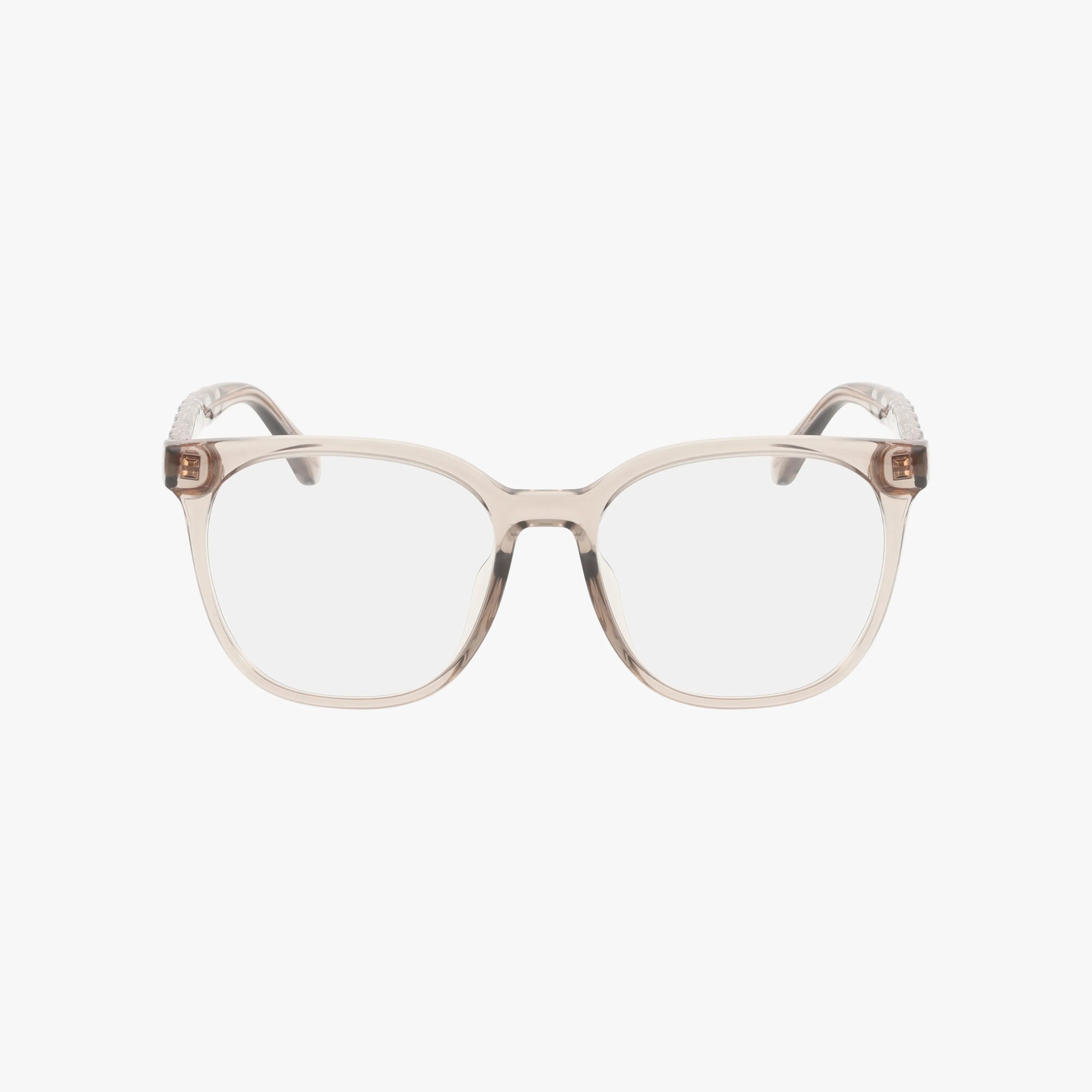 The HC6267D features clear, square eyeglasses with classic lines and a stylish translucent beige frame, displayed front-facing against a plain white background.
