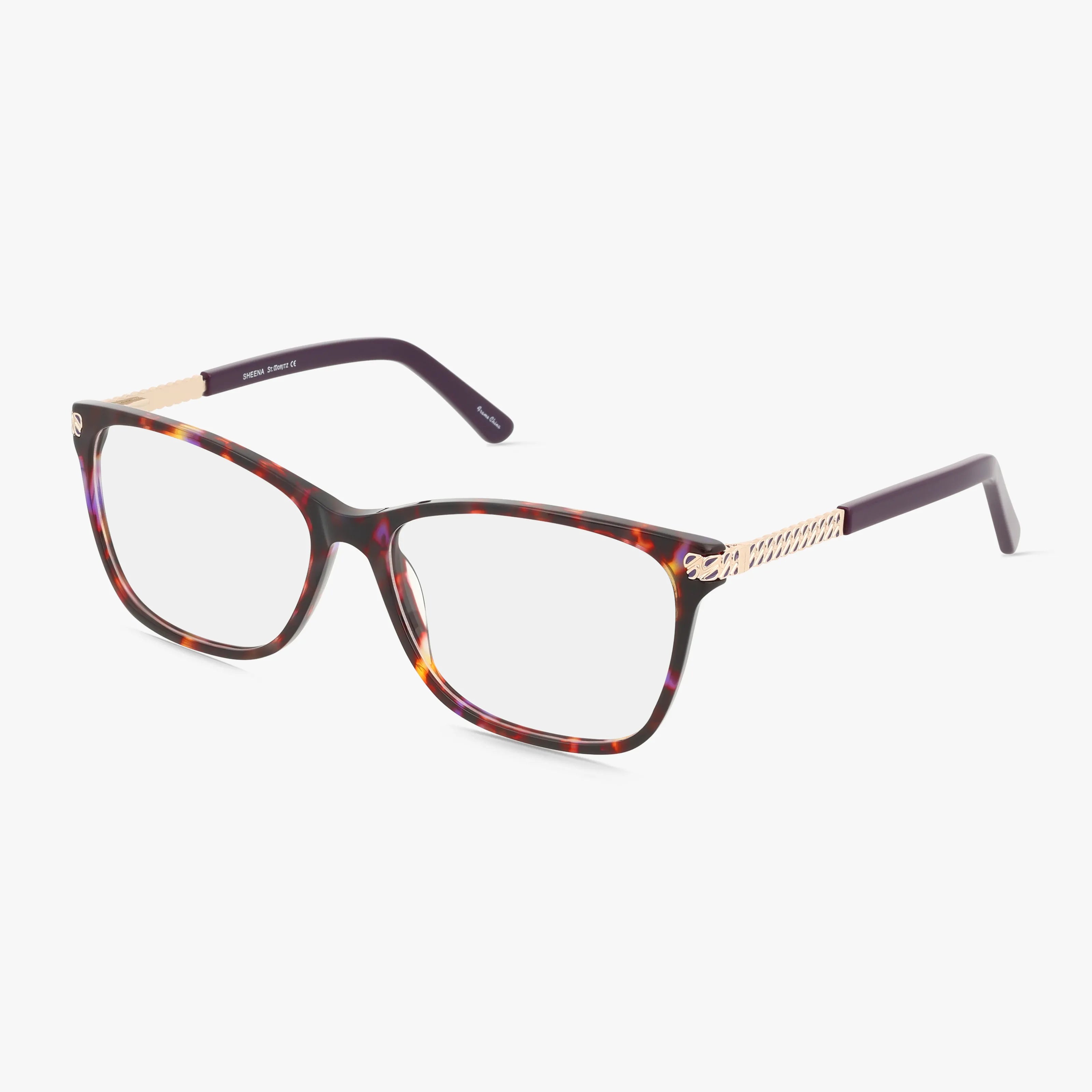 SHEENA rectangular eyeglasses feature a multicolored tortoiseshell frame and gold braided temple detailing, combining classic style with modern design, displayed on a white background.
