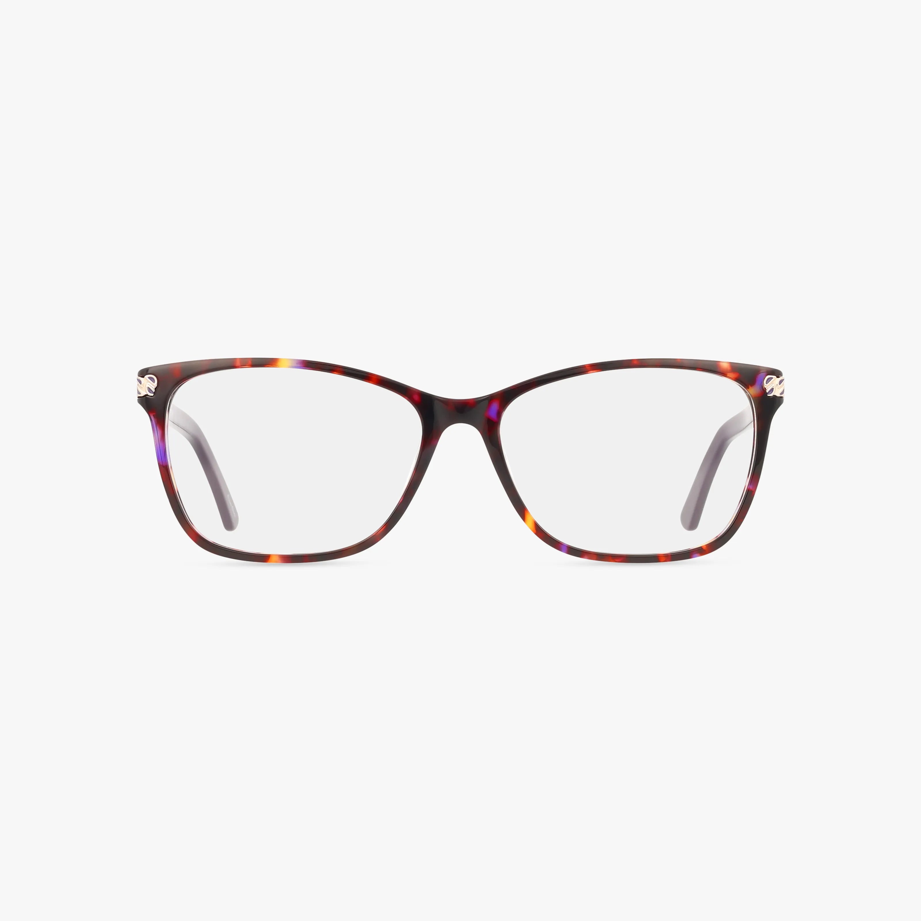 The SHEENA eyeglasses feature rectangular lenses and a tortoiseshell frame in brown, orange, and purple tones, combining classic style with modern design. Shown from the front against a white background.