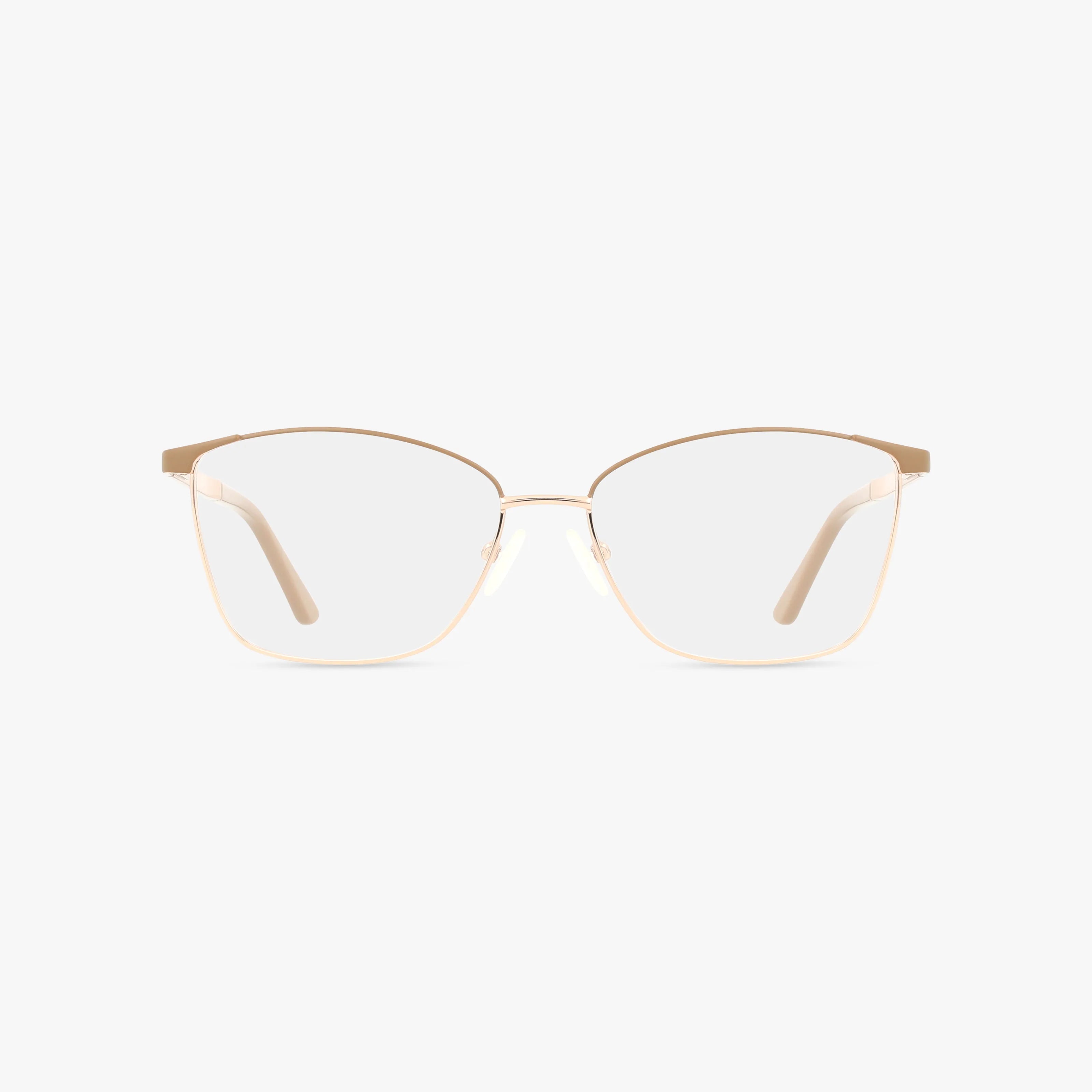 ANNIE gold metal eyeglasses feature clear, personalized lenses and a thin, lightweight contemporary frame. With a slightly curved rectangular shape, they're ideal for everyday wear. Displayed on a plain white background.