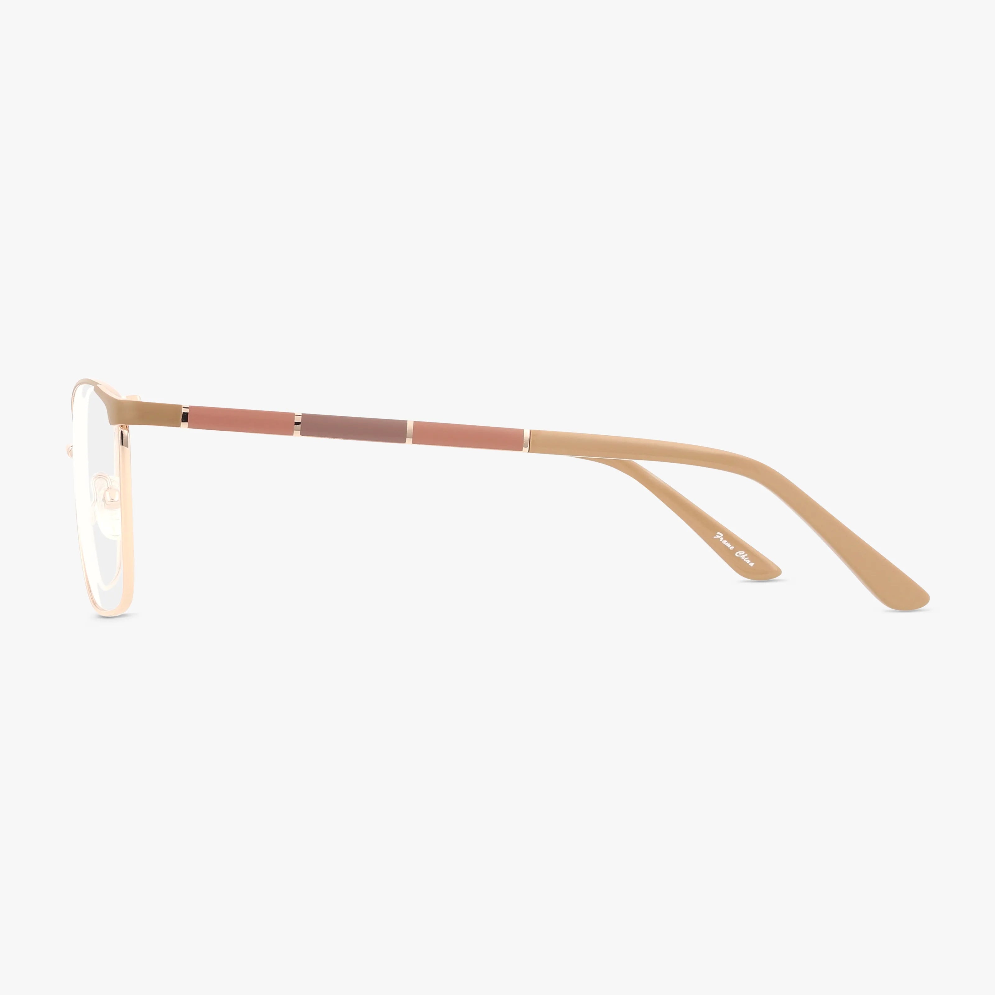 Side view of ANNIE: contemporary eyeglasses with thin gold metal frames and beige temples featuring three rectangular accents in brown, mauve, and rose. Perfect for daily wear, with a gently curved temple tip.