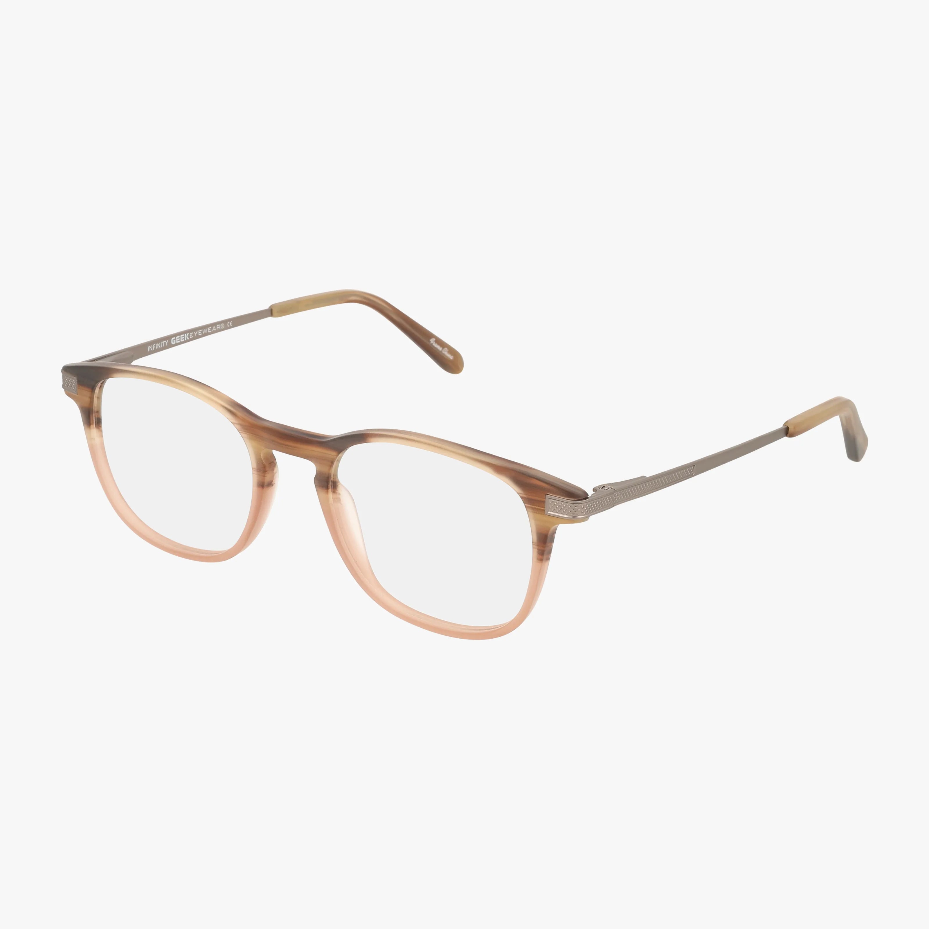 The INFINITY eyeglasses feature round, transparent lenses and a luxurious gradient brown-to-pink frame. Thin brown temples with curved ends highlight quality craftsmanship against a plain white background.