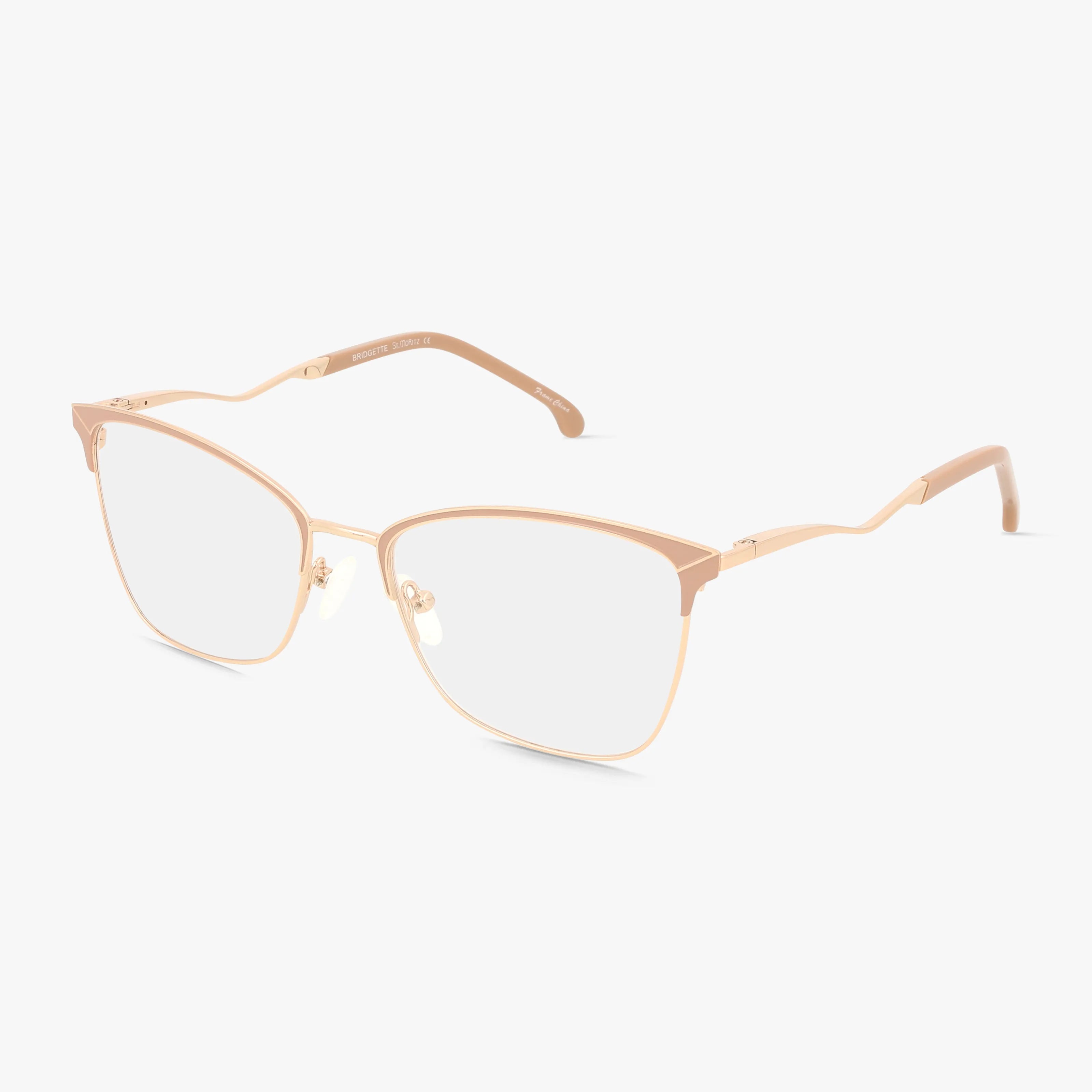 BRIDGETTE rose gold metal eyeglasses have clear lenses, a semi-rimless rectangular frame, adjustable nose pads, and slim, curved arms—combining functional design with distinct style on a plain white background.