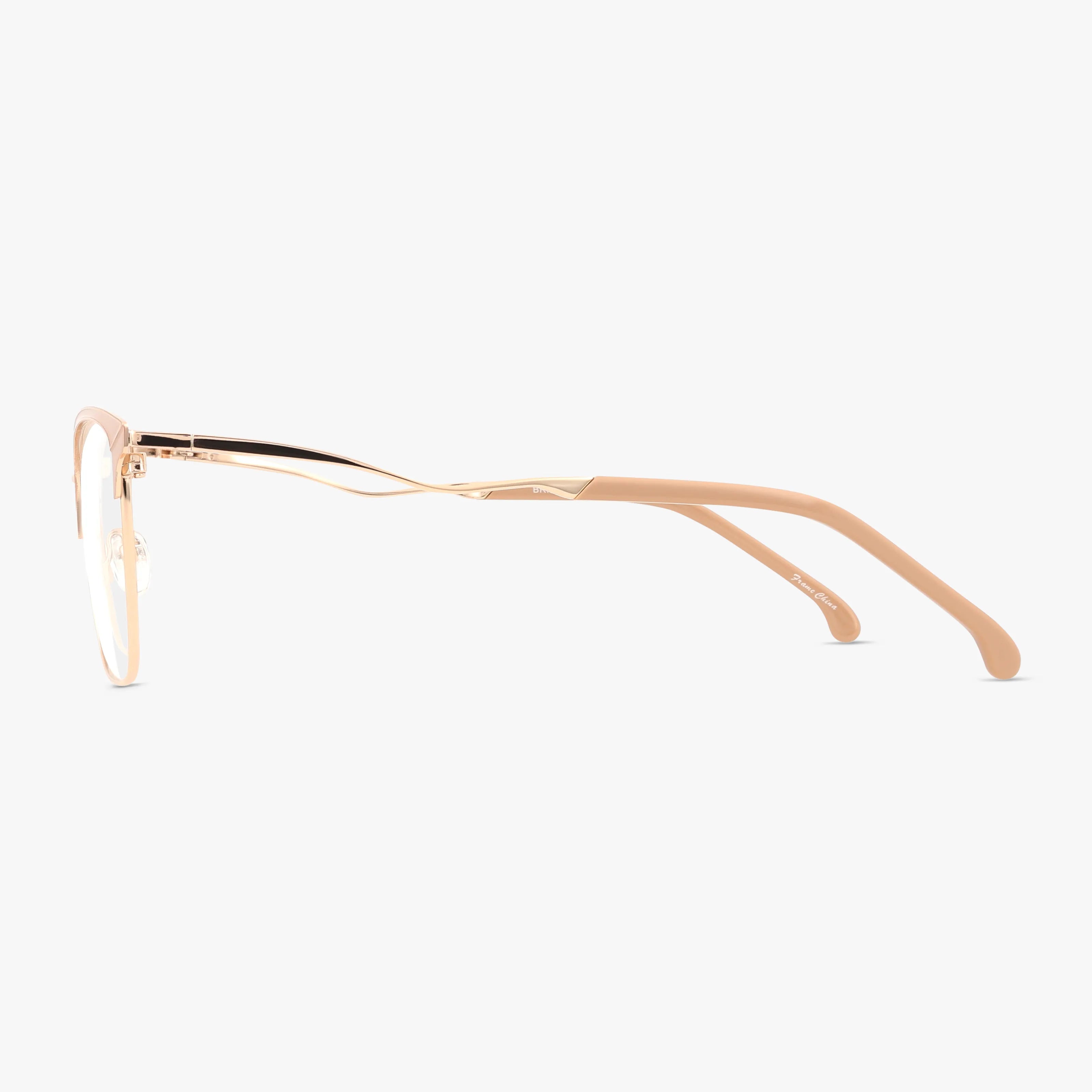 Side view of BRIDGETTE eyeglasses with thin gold metal frames, beige arms, and progressive lenses for a functional design, displayed on a white background.