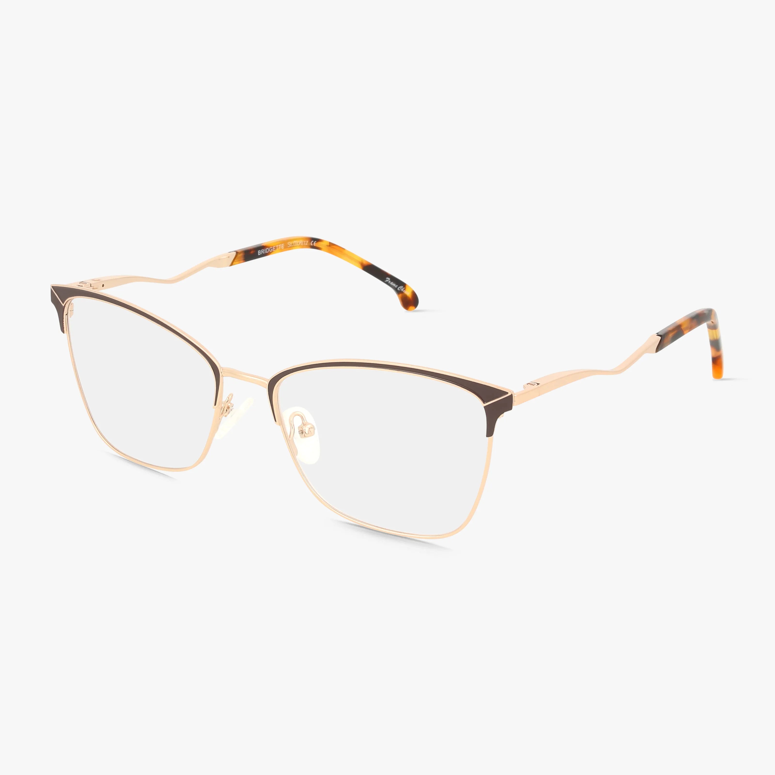 BRIDGETTE features stylish eyeglasses with thin gold metal frames, brown accents on the brow line, and tortoiseshell-patterned temples for a distinct and functional design, displayed on a white background.