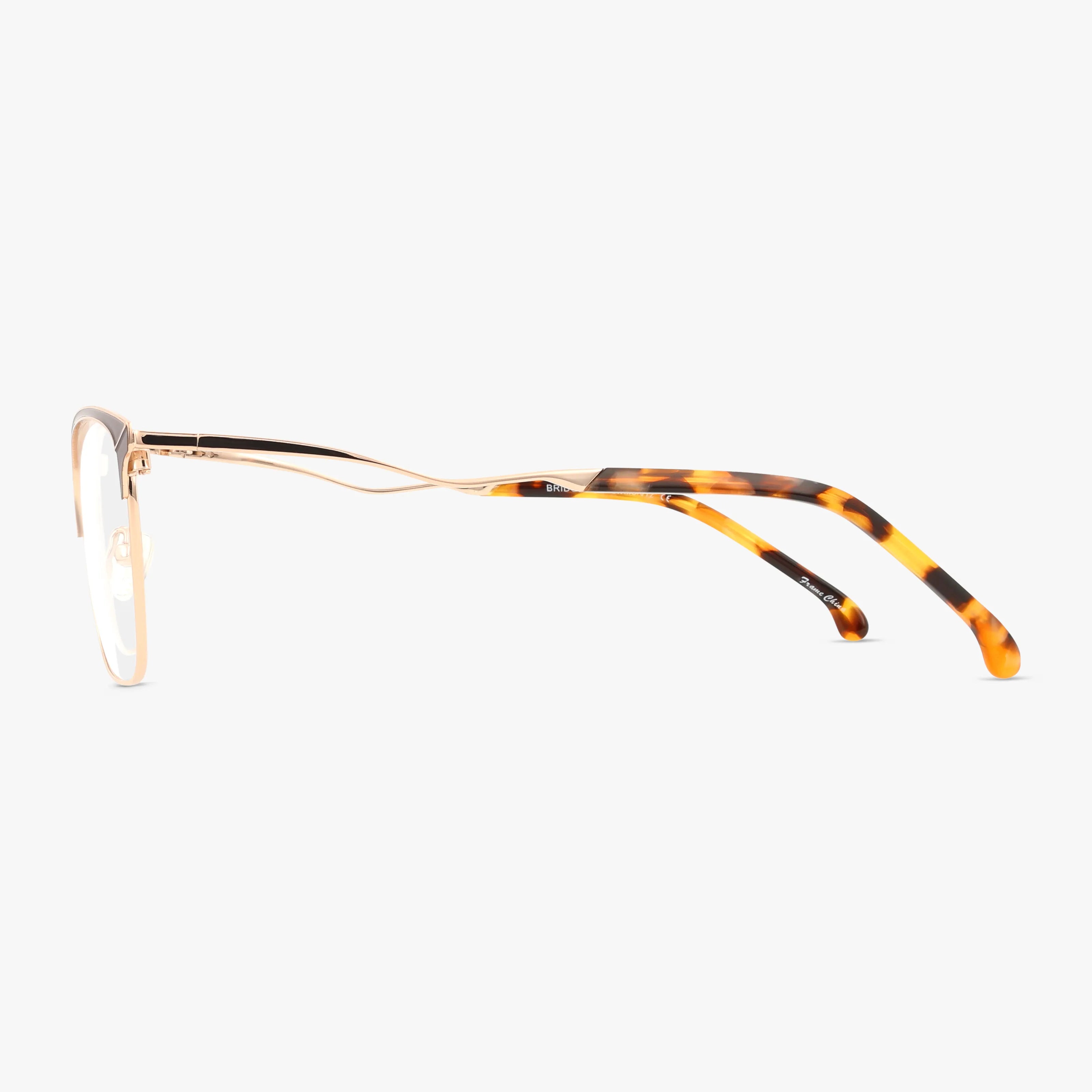 Side view of BRIDGETTE eyeglasses featuring thin gold metal frames and tortoiseshell-patterned temple arms, combining functionality with unique style, displayed on a white background.