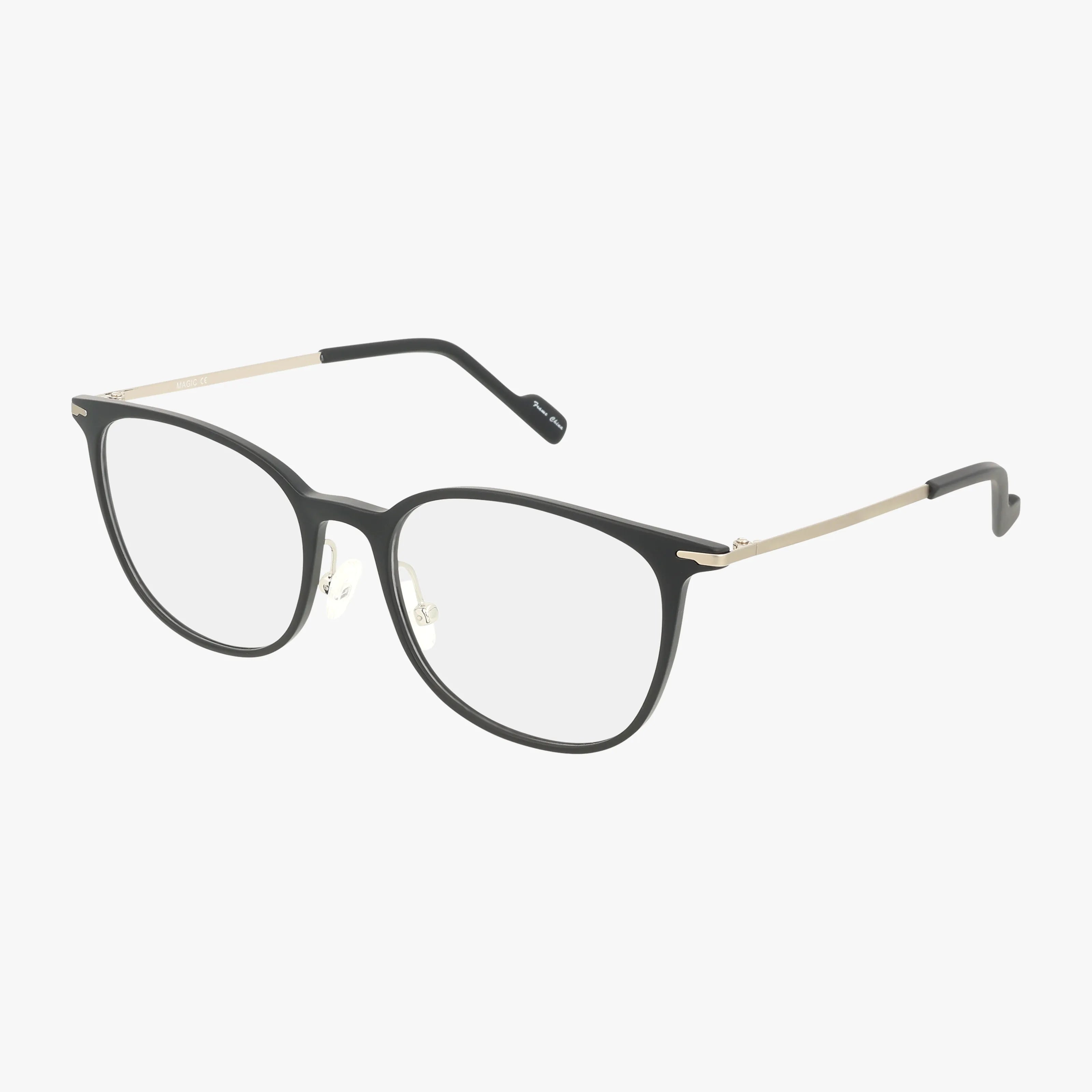 MAGIC eyeglasses feature a stylish black, rounded front frame with thin gold temples, displayed on a white background.