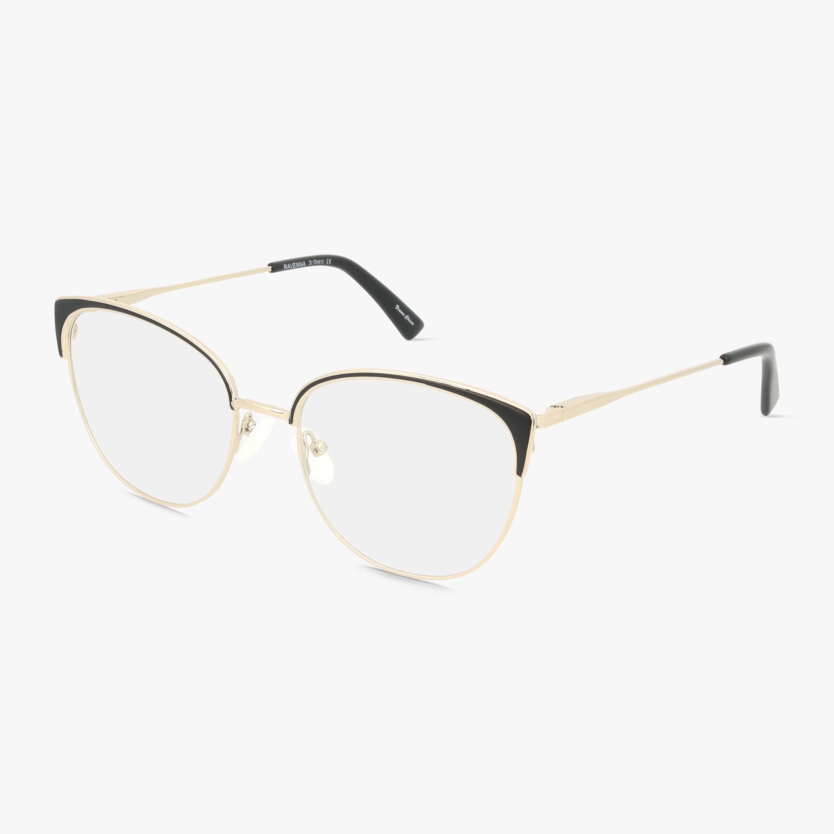 RAVENNA cat-eye eyeglasses feature gold rims, bold black accents on the upper corners, clear lenses, and black-tipped arms, elegantly displayed on a white background for standout everyday style.